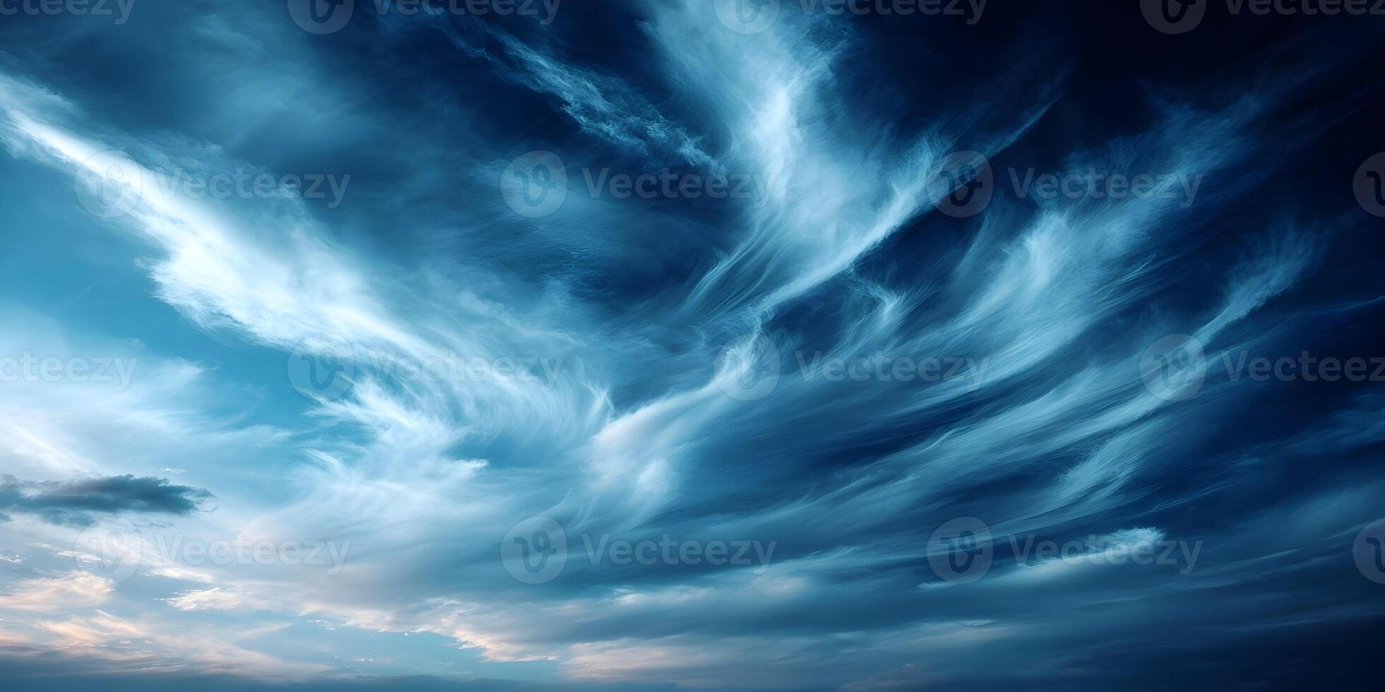 Dramatic Blue Sky with Swirling Cirrus Clouds Cloudscape Background photo
