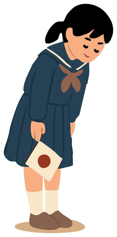 A Japanese schoolgirl in traditional uniform bowing respectfully and holding vector