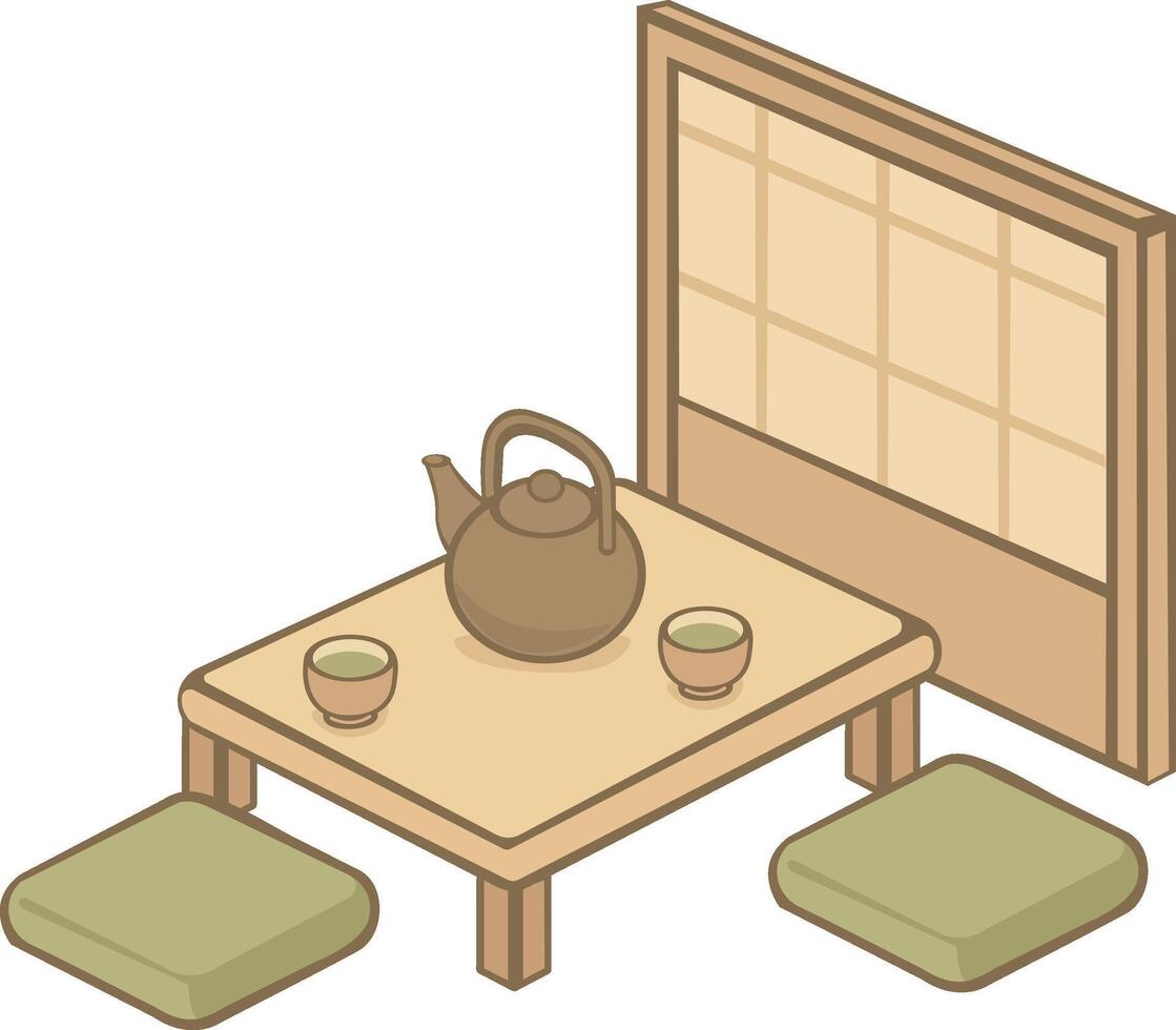 Isometric Tea Set on Tatami Mat vector