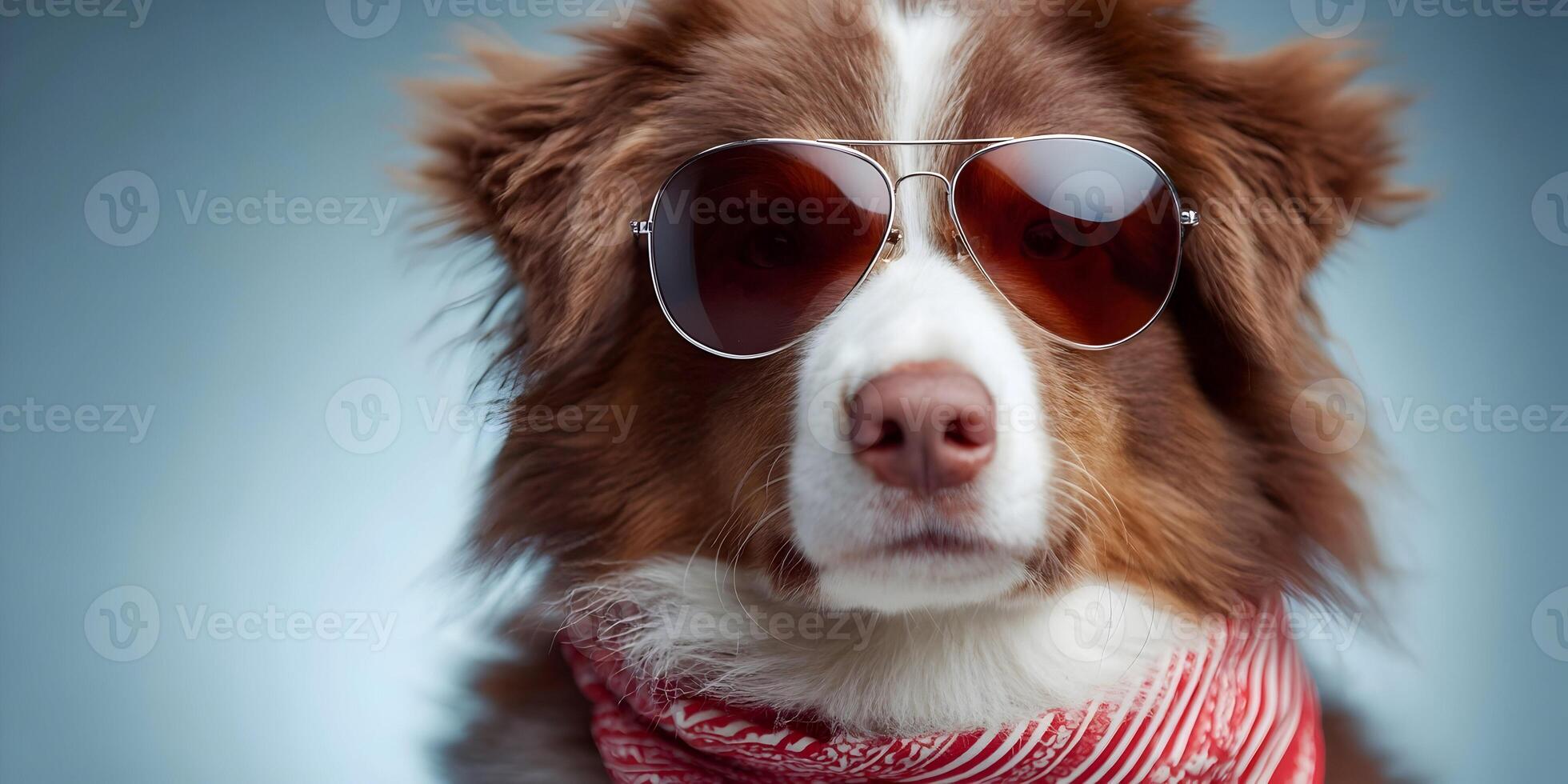 Australian Shepherd Dog Wearing Sunglasses and Red Bandana photo