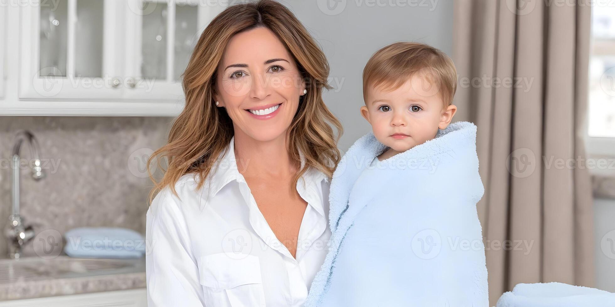 Happy Mother Holding Baby Wrapped in Blue Towel photo