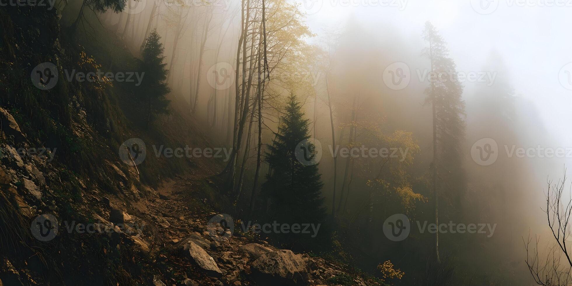Misty Mountain Trail Autumn Forest Scenery Tall Trees Foggy Landscape photo