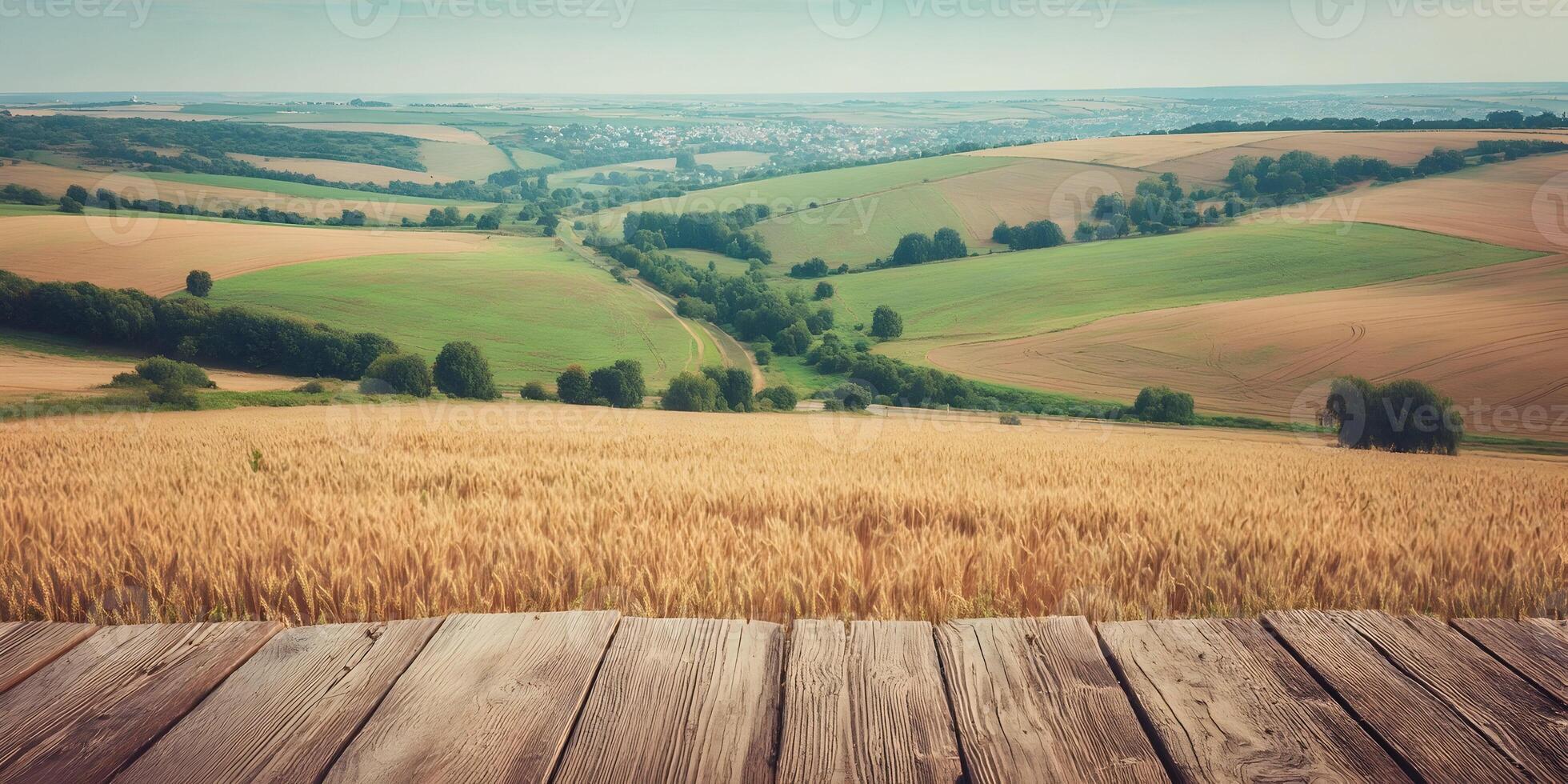 Golden Wheat Field Rolling Hills Landscape Wooden Platform View photo