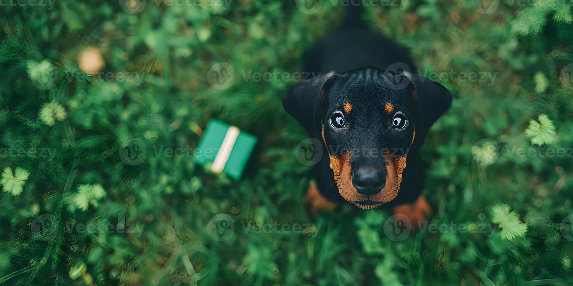Cute Black Tan Puppy Sitting in Green Grass with Gift photo