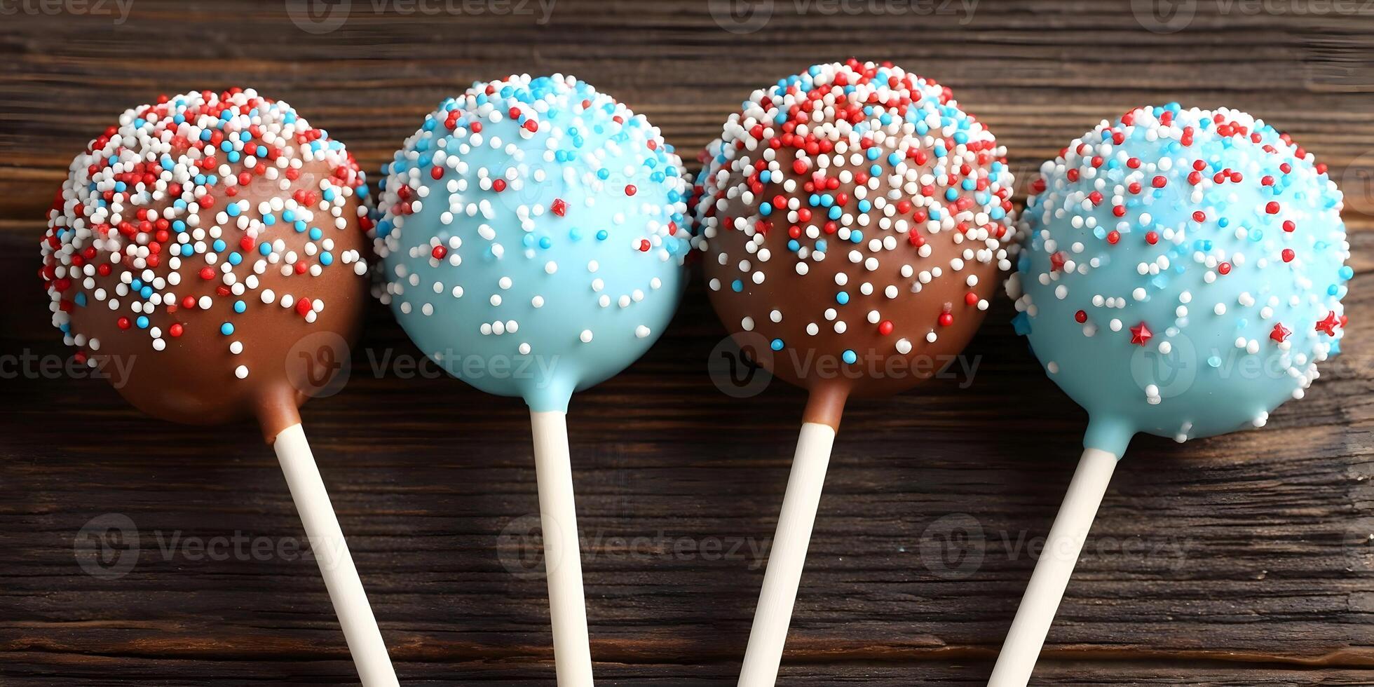 Four Cake Pops Chocolate Blue Sprinkles Wooden Background photo