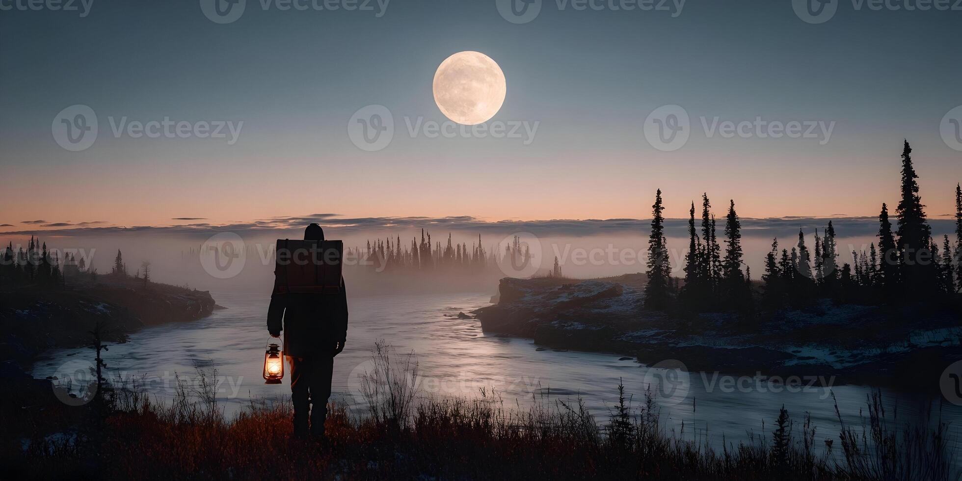 Silhouette Person Carrying Backpack Lantern Walking River Bank Night Full Moon photo