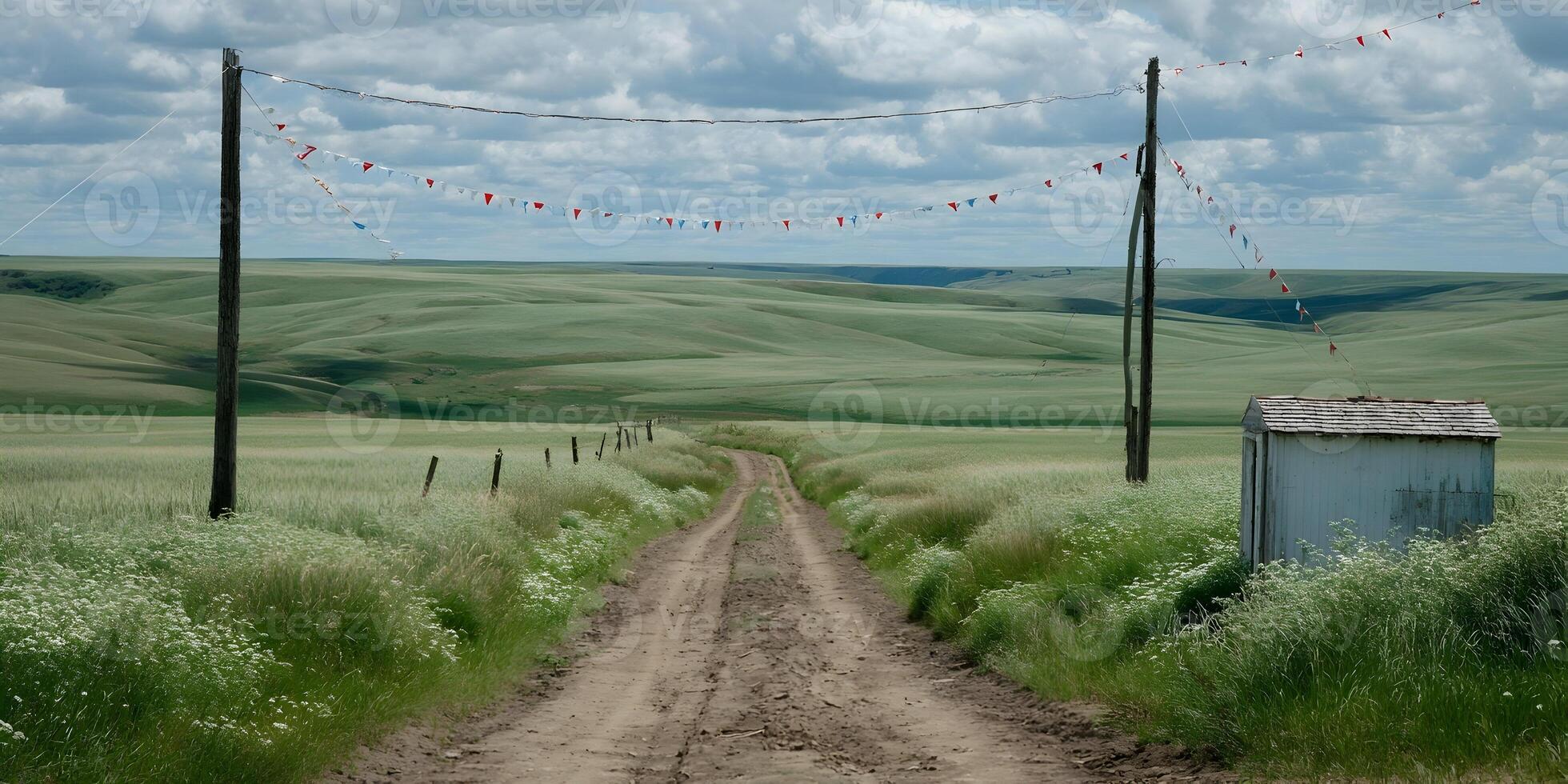 Dirt Road Leading to Small Outbuilding in Rolling Green Field with Bunting photo
