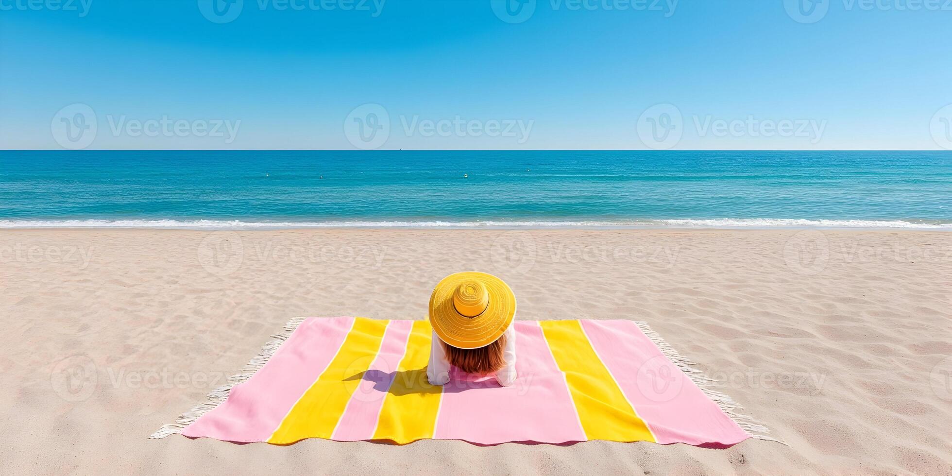 Woman Relaxing on Pink Yellow Striped Beach Towel Ocean View photo