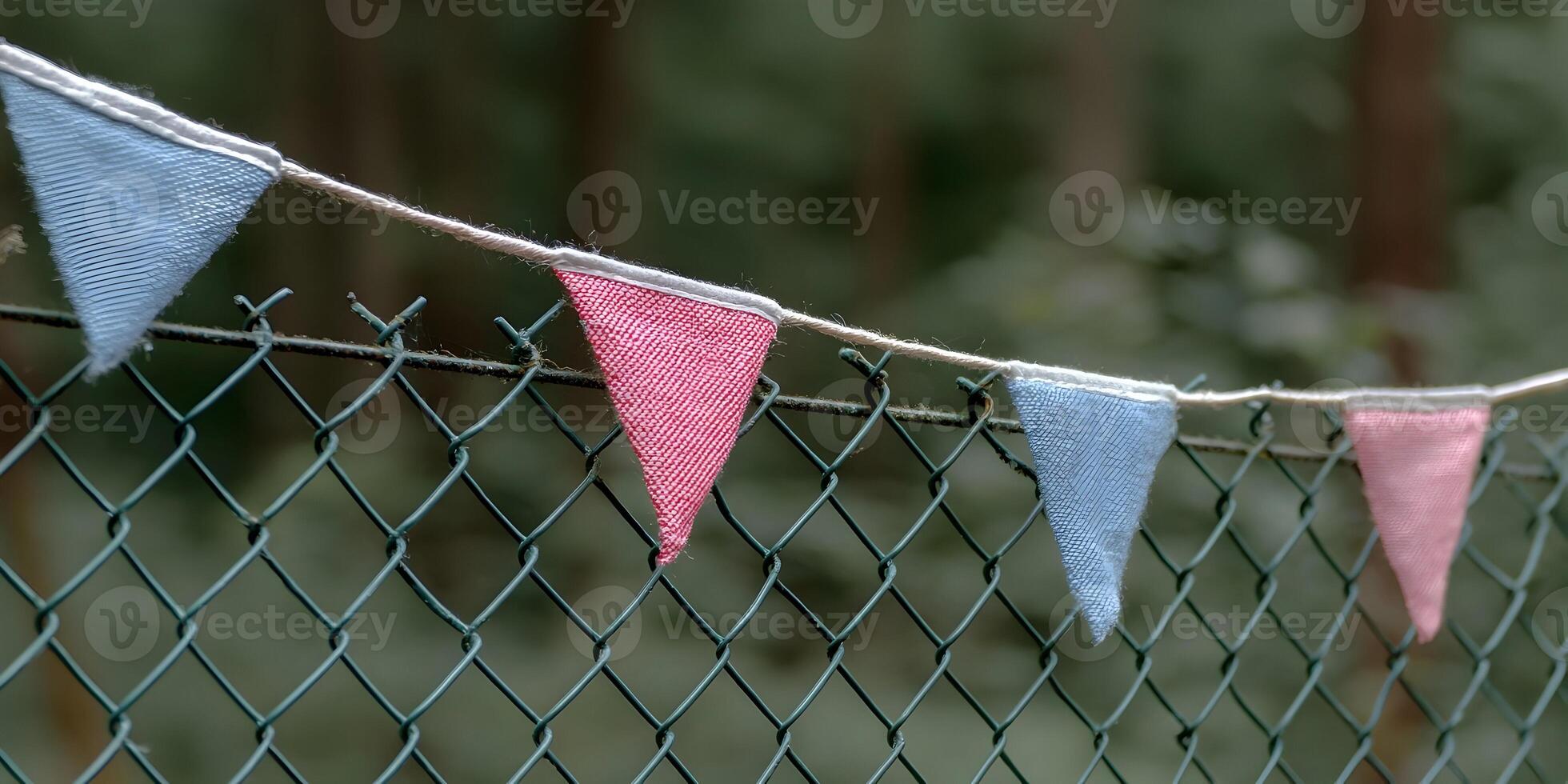 Pink and Blue Bunting Flags on Chain Link Fence Outdoors photo