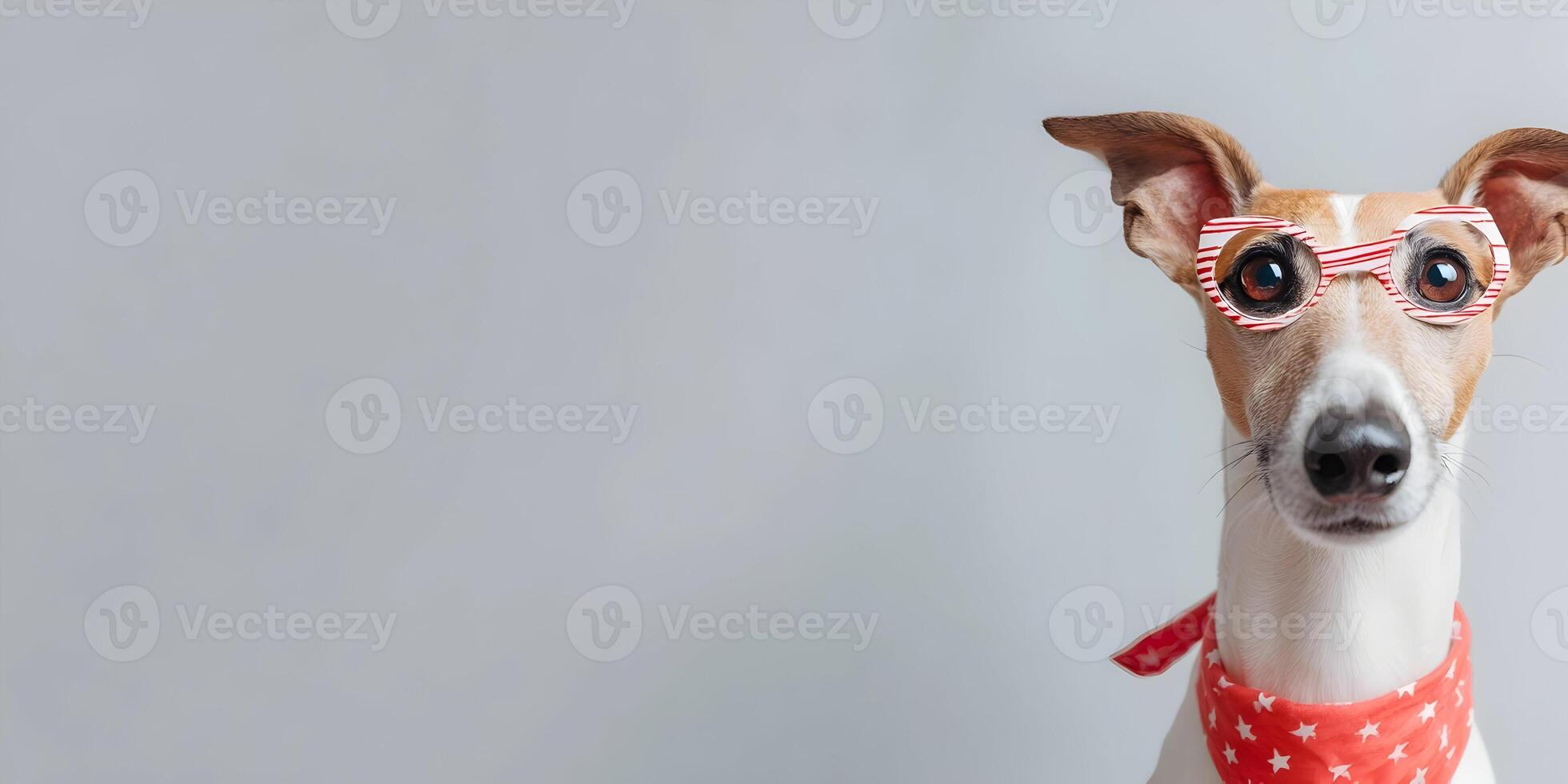 Cute Whippet Dog Wearing Red And White Striped Glasses And Red Star Bandana photo