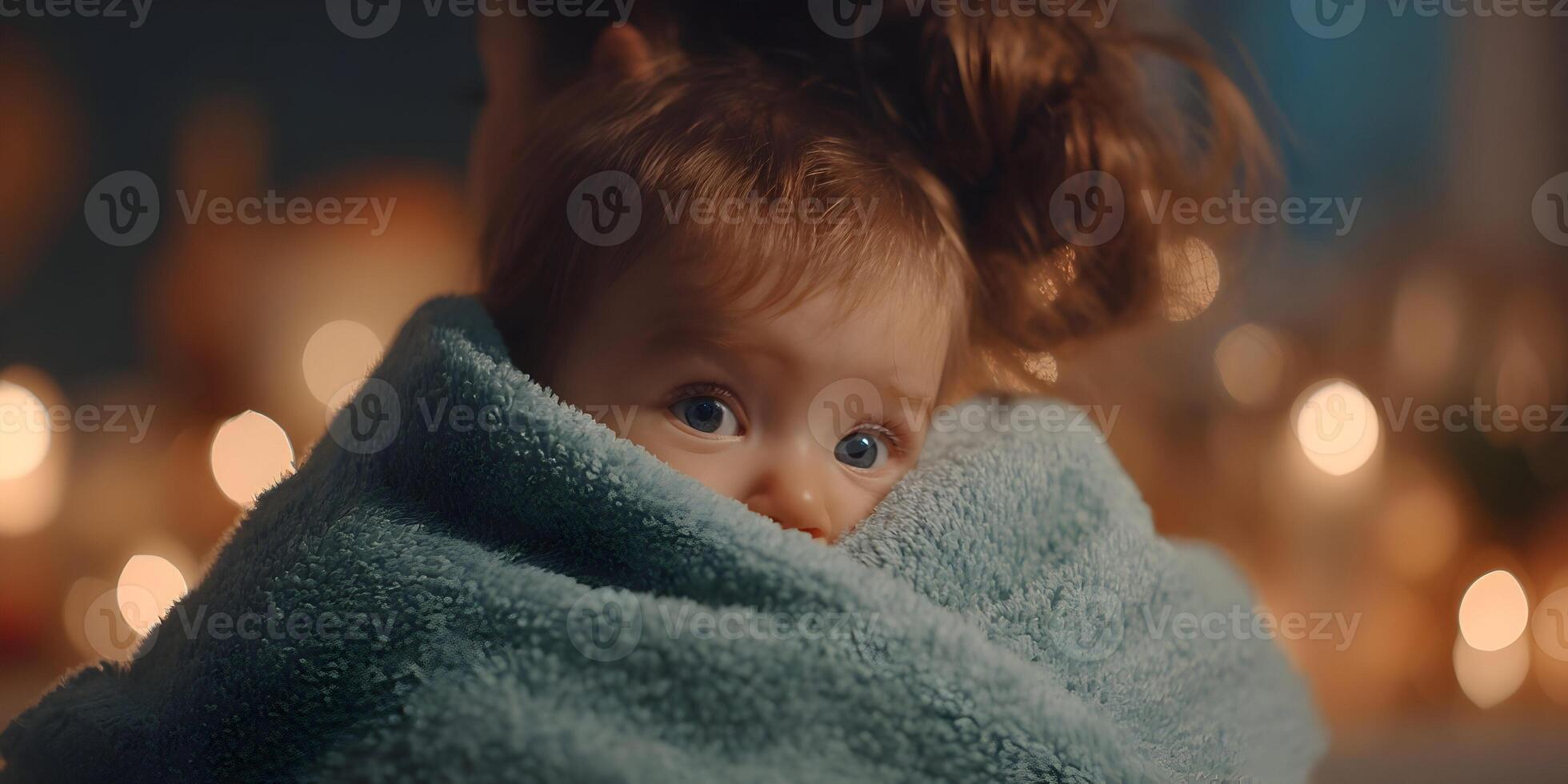 Baby Girl Wrapped in Towel Cozy Winter Night Lights photo