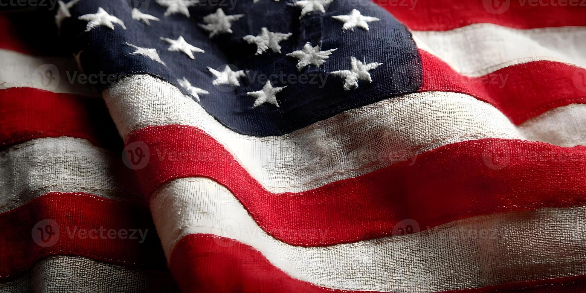Closeup Wrinkled USA Flag Red White Blue Stripes Stars Fabric Texture photo