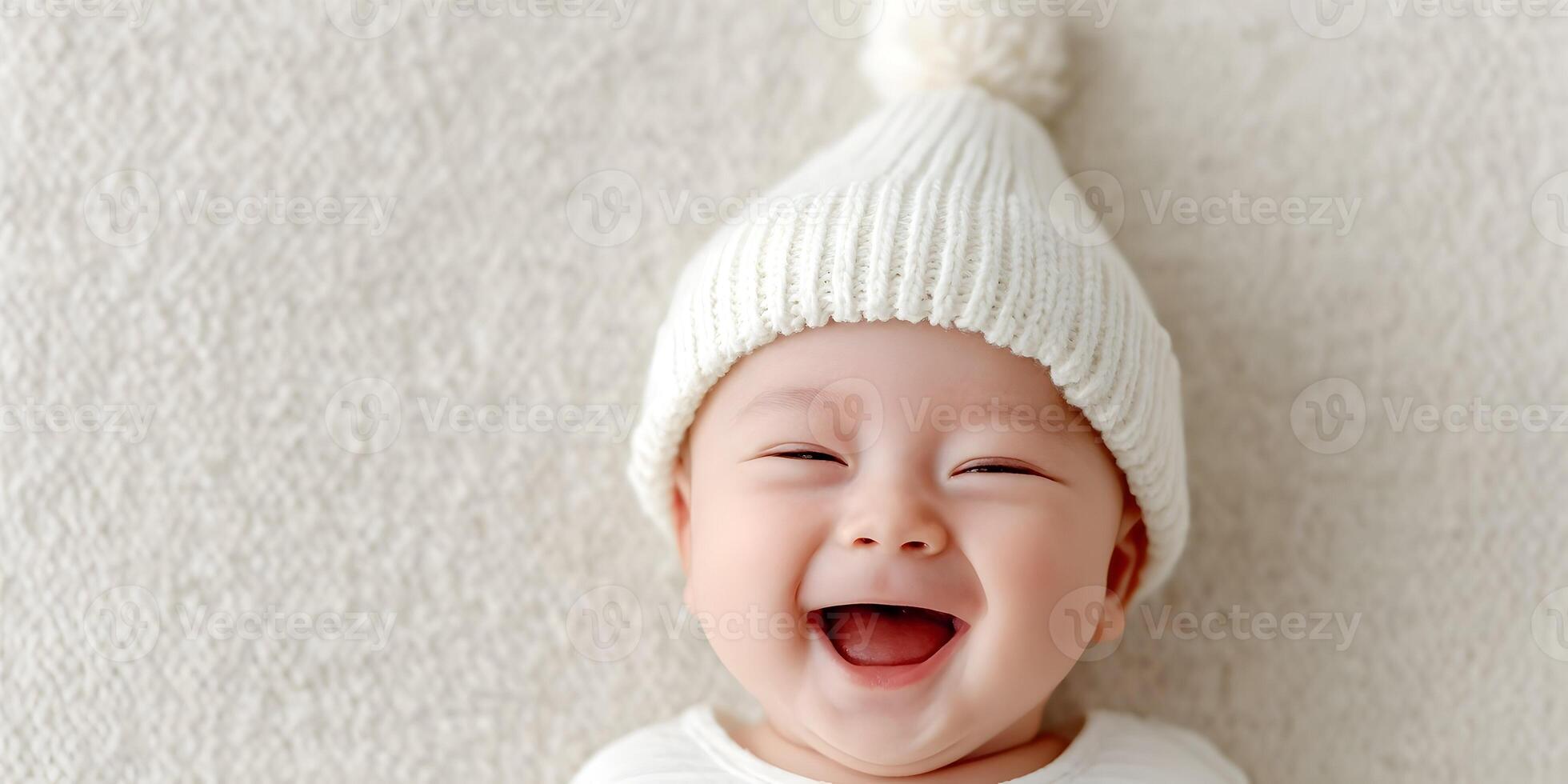 Happy Baby Boy Wearing White Knit Hat Lying on Soft Blanket photo