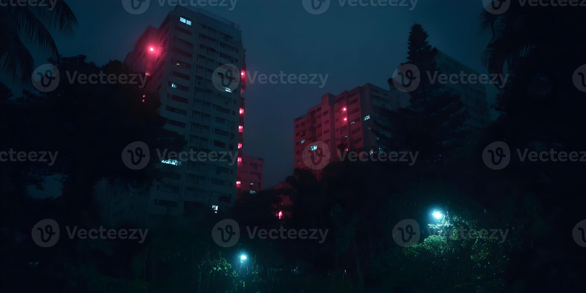 Night Cityscape Tall Buildings Dark Trees Red Lights Green Lights Urban Scene Nighttime Photography photo