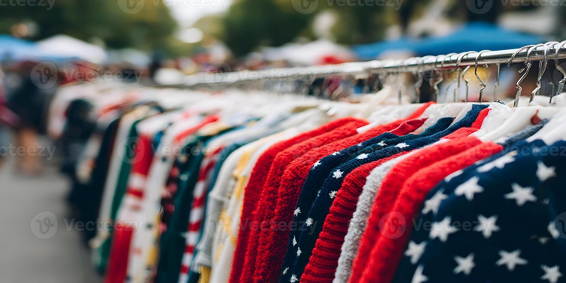 Red White Blue Knit Sweaters Hanging Outdoor Market Stall photo