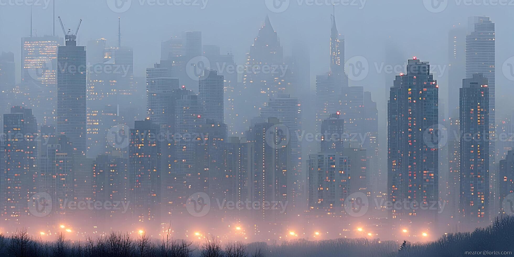 Cityscape at Dusk Foggy Skyline City Buildings Lights photo