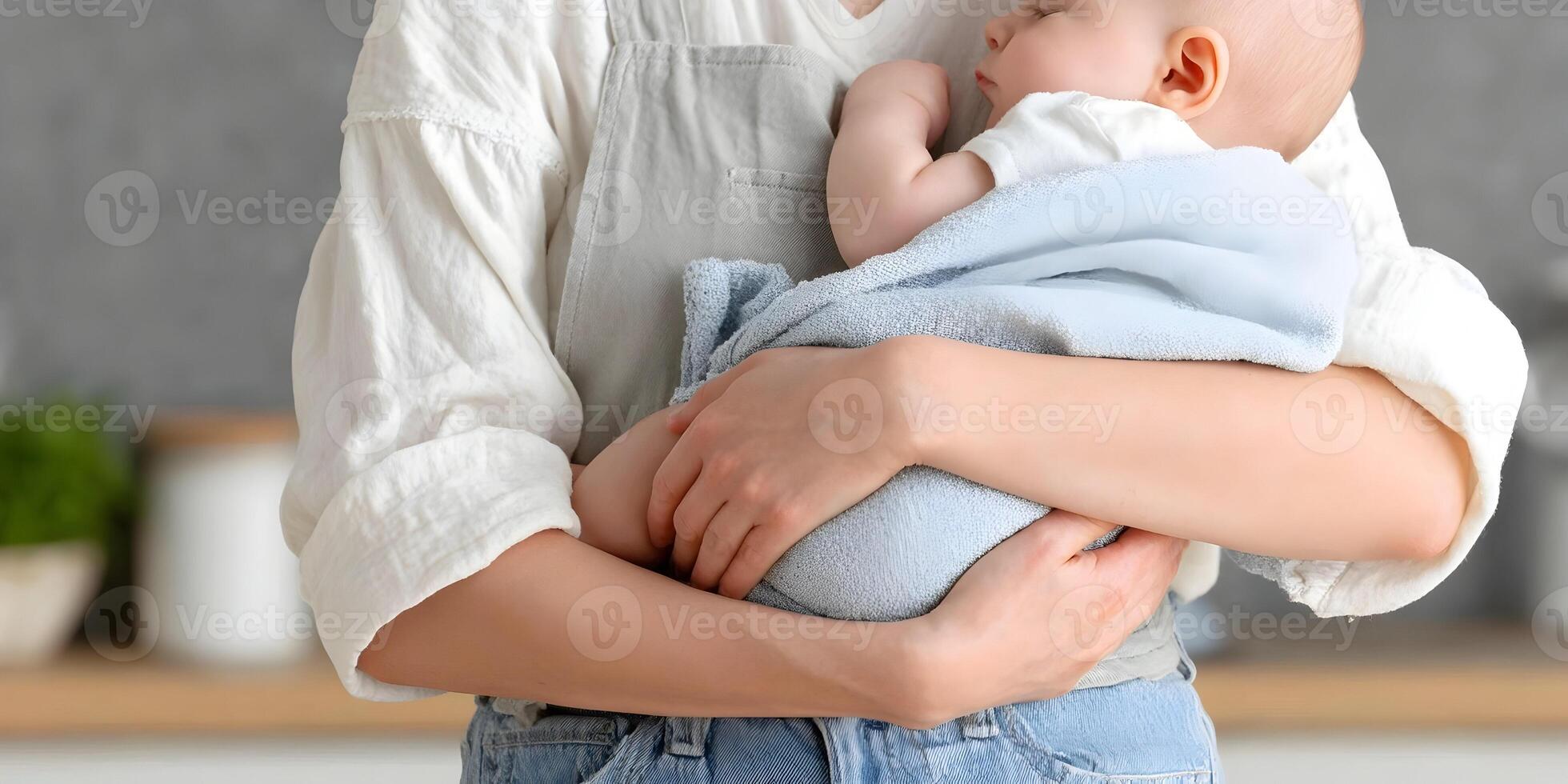 Mother Holding Sleeping Infant Baby Wrapped in Light Blue Blanket Close Up photo