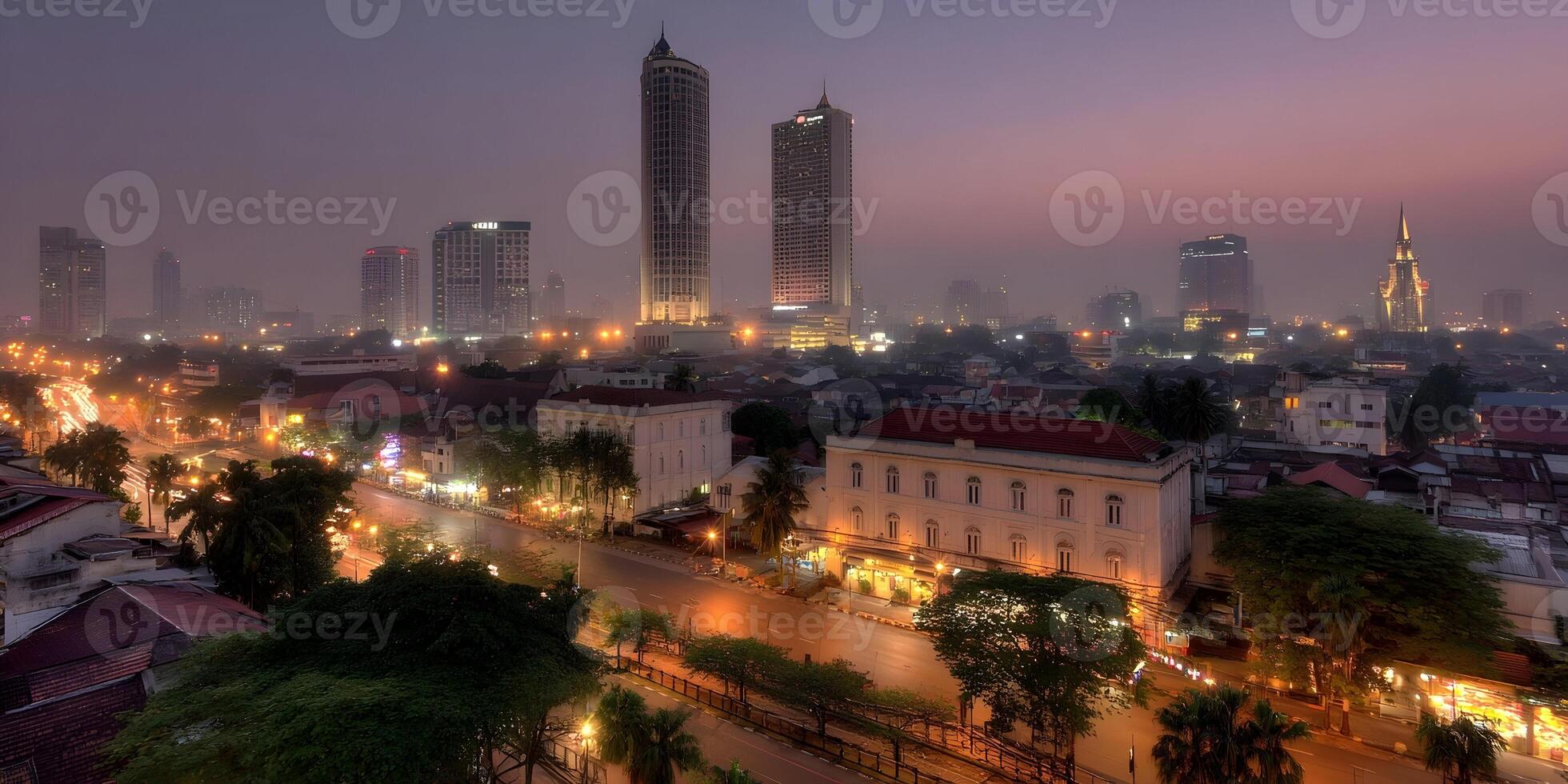 a city at night with tall buildings and traffic photo