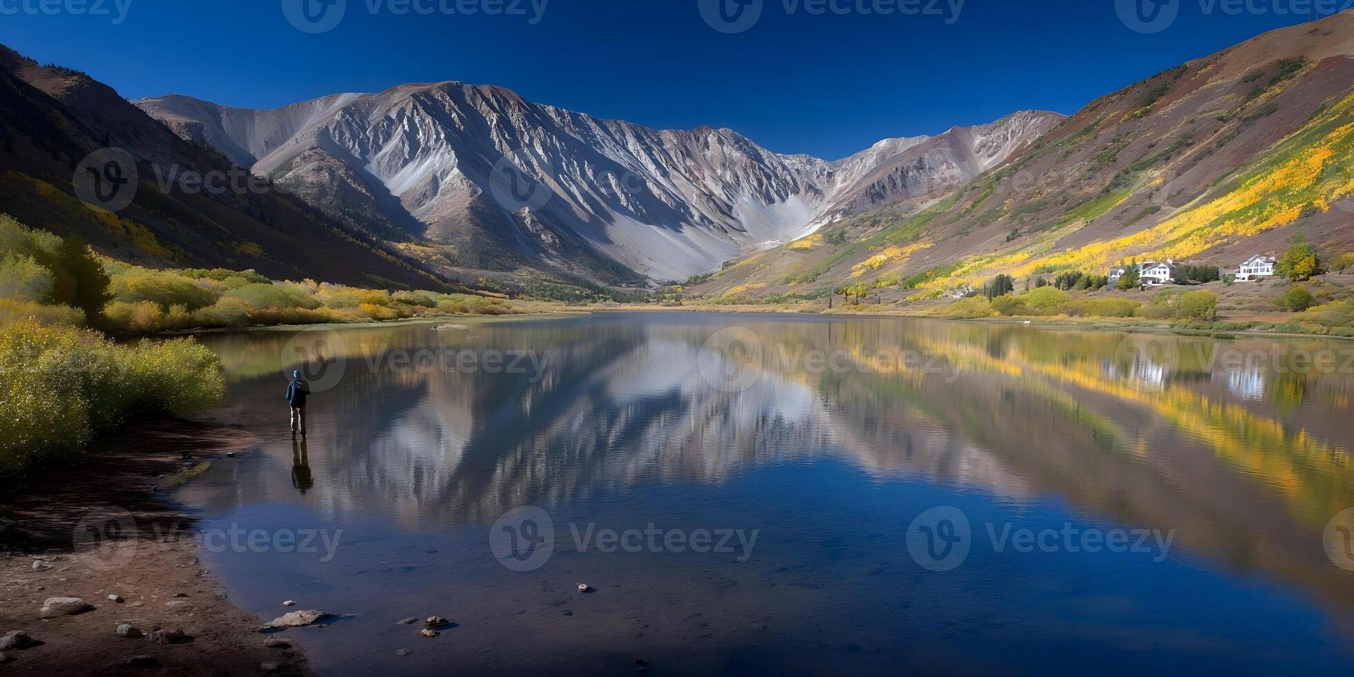 Person at Calm Lake with Mountain Reflection Autumn Scenery photo