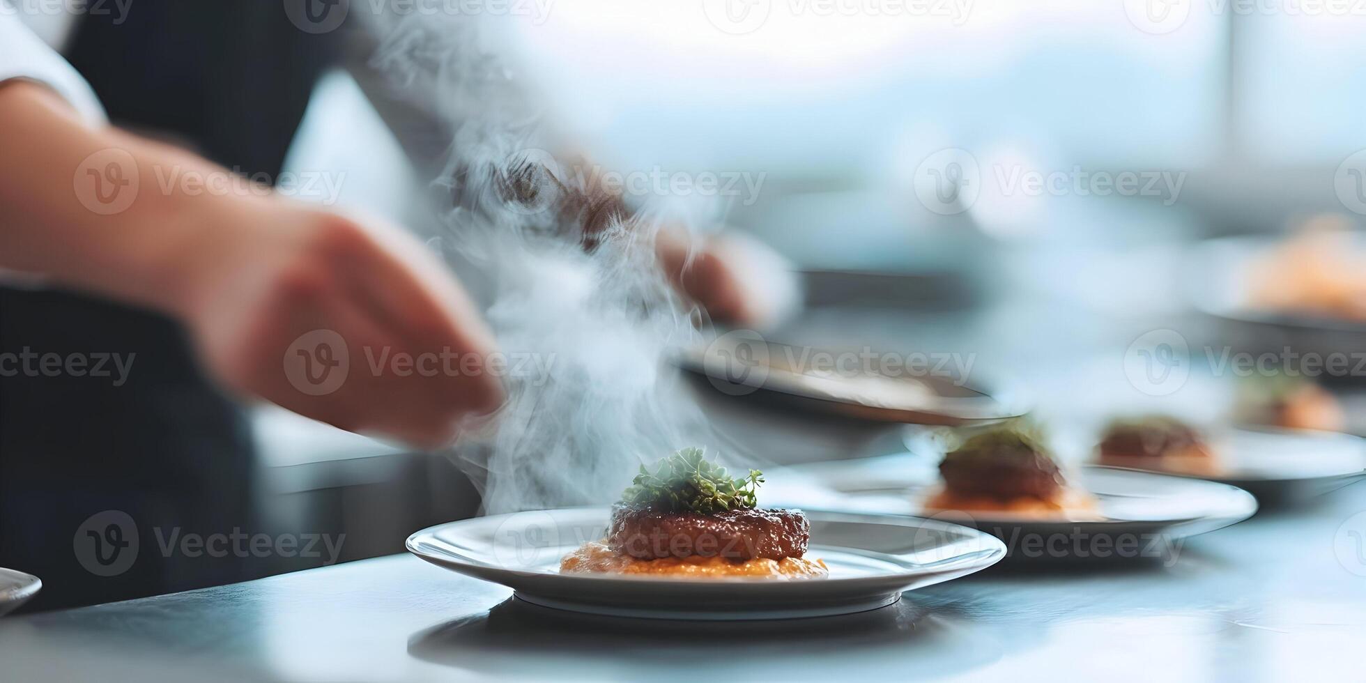 Chef Preparing Gourmet Dish Steaming Food Restaurant Kitchen photo