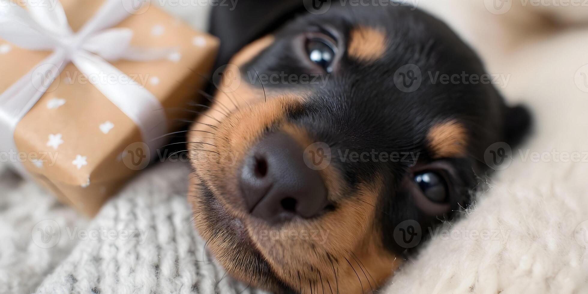 Cute Dachshund Puppy with Gift Sleeping on Knitted Blanket photo
