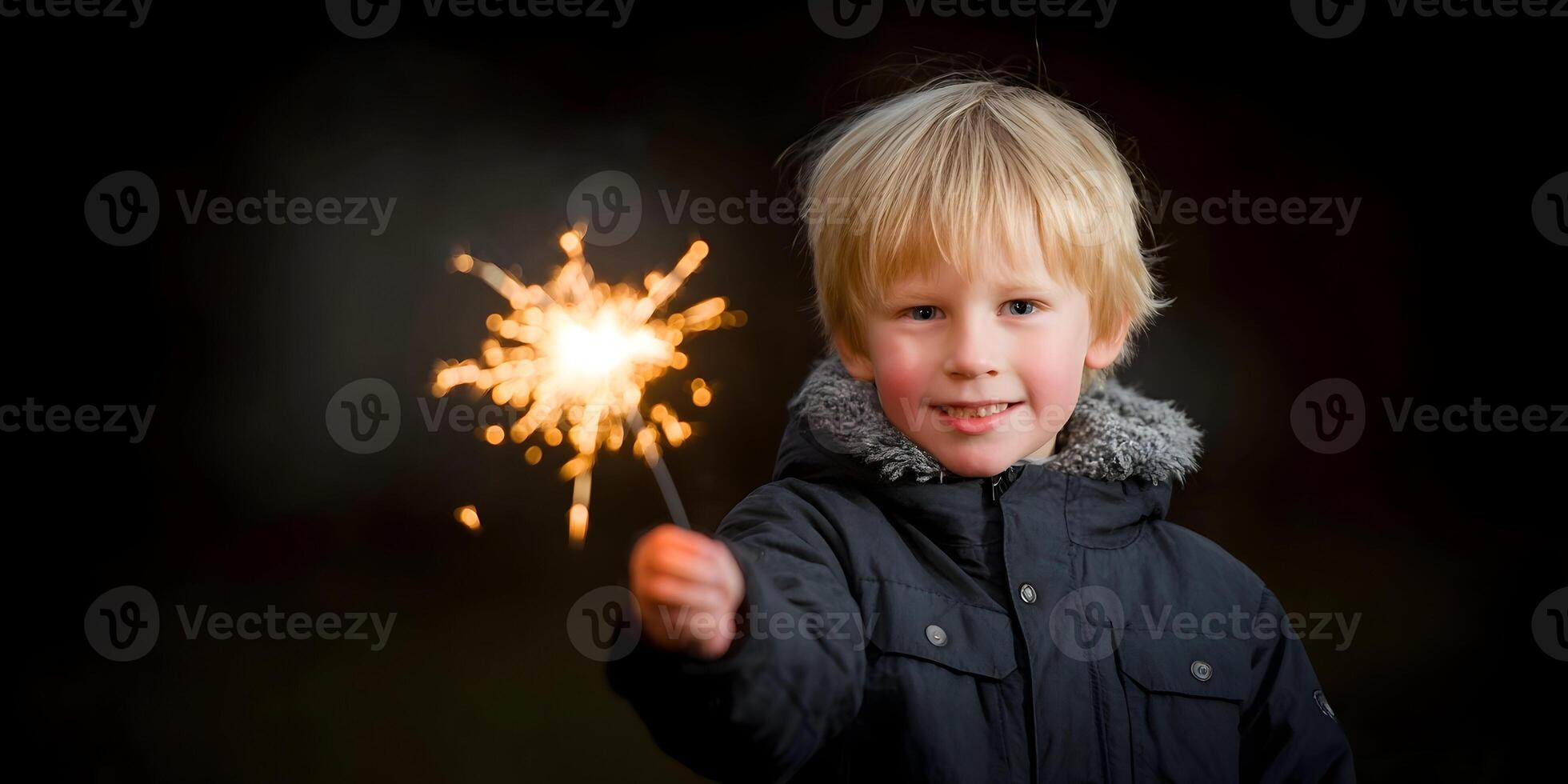Happy Child Holding Sparkling Firework at Night photo