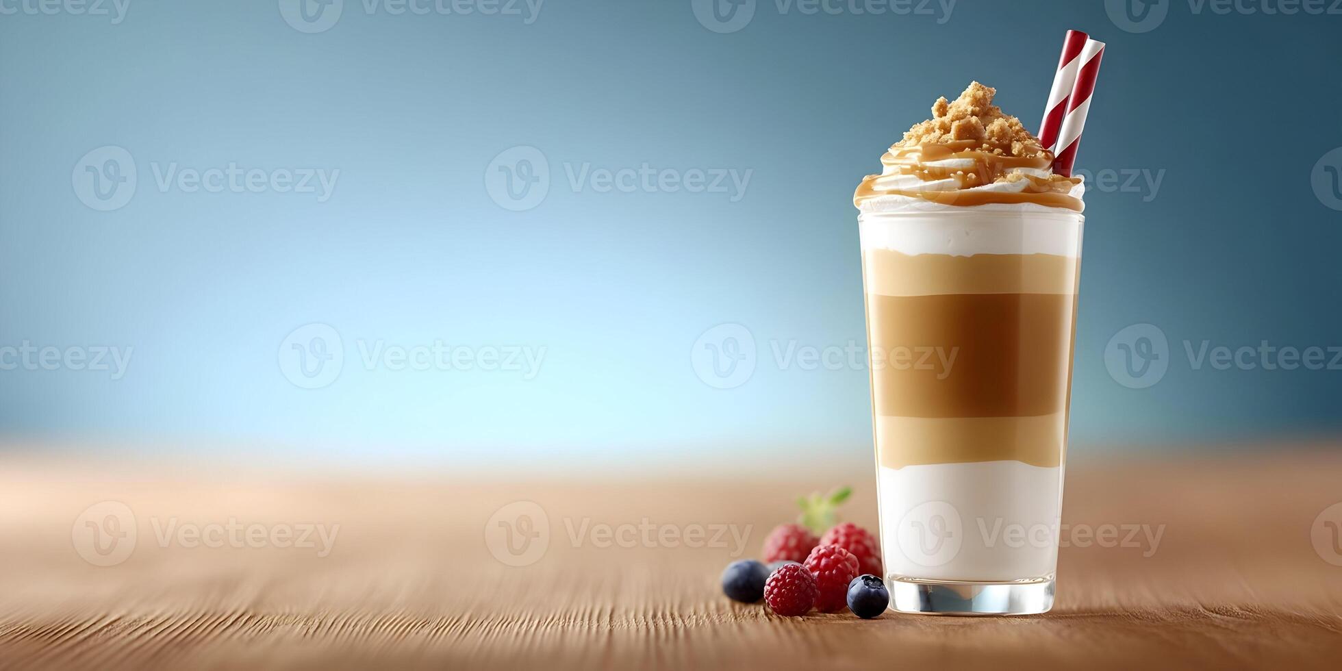 Layered Caramel Coffee Drink with Whipped Cream and Crumble Topping on Wooden Table photo