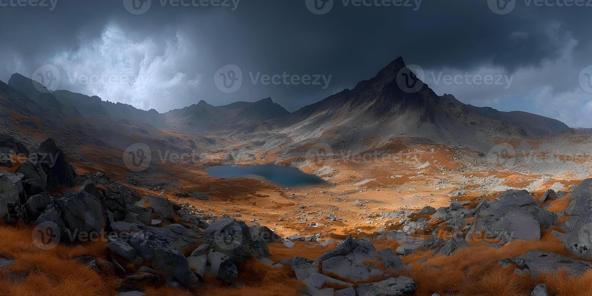 Dramatic Mountain Landscape Autumn Scenery Lake Rocks Cloudy Sky photo