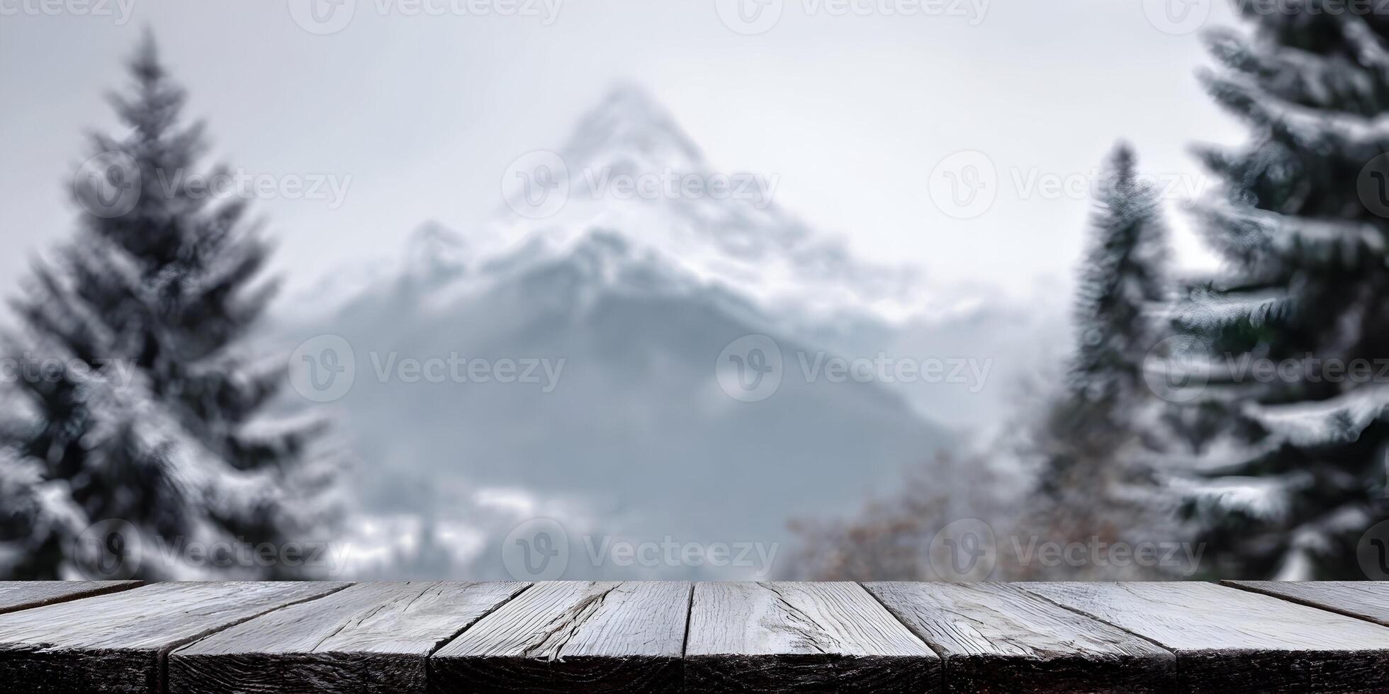 Wooden Tabletop Winter Mountain Scene Snow Covered Trees photo
