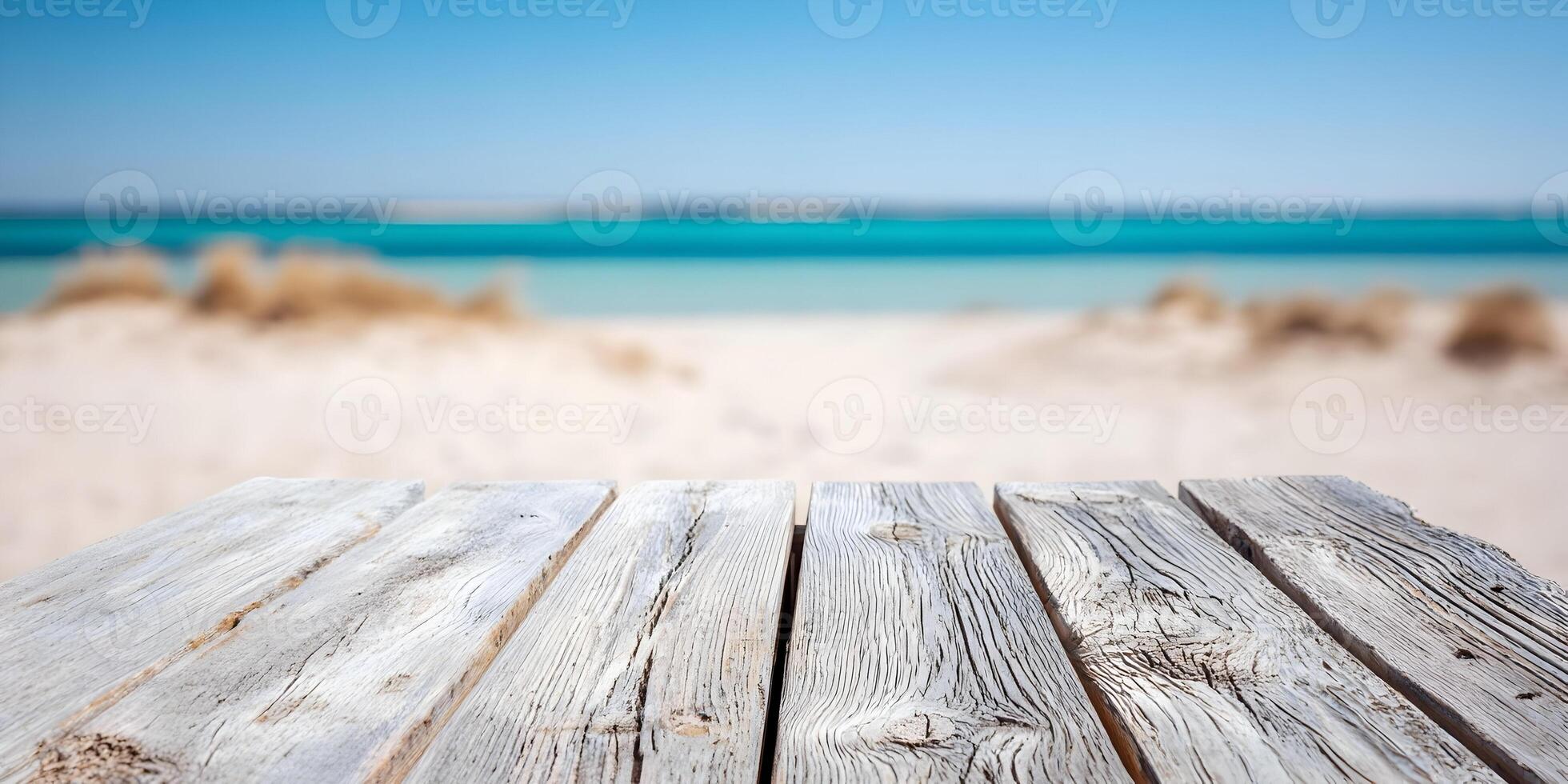Beach Summer Wooden Table Top Background Turquoise Ocean Sand photo