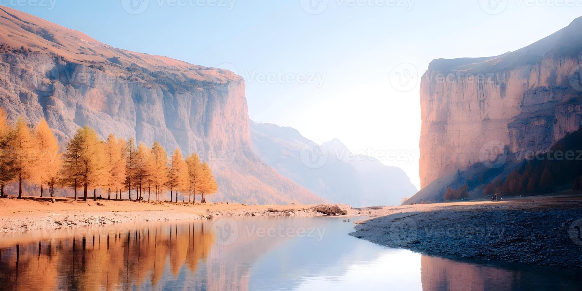 Autumn Landscape Calm Lake Golden Trees Mountain Cliffs Serenity Nature Scenery photo