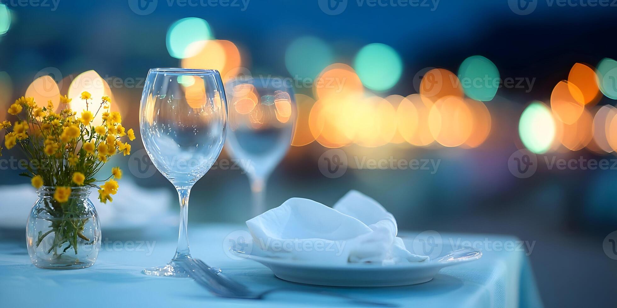 Romantic Dinner Table Setting with Yellow Flowers and Wine Glasses Night City Lights Background photo