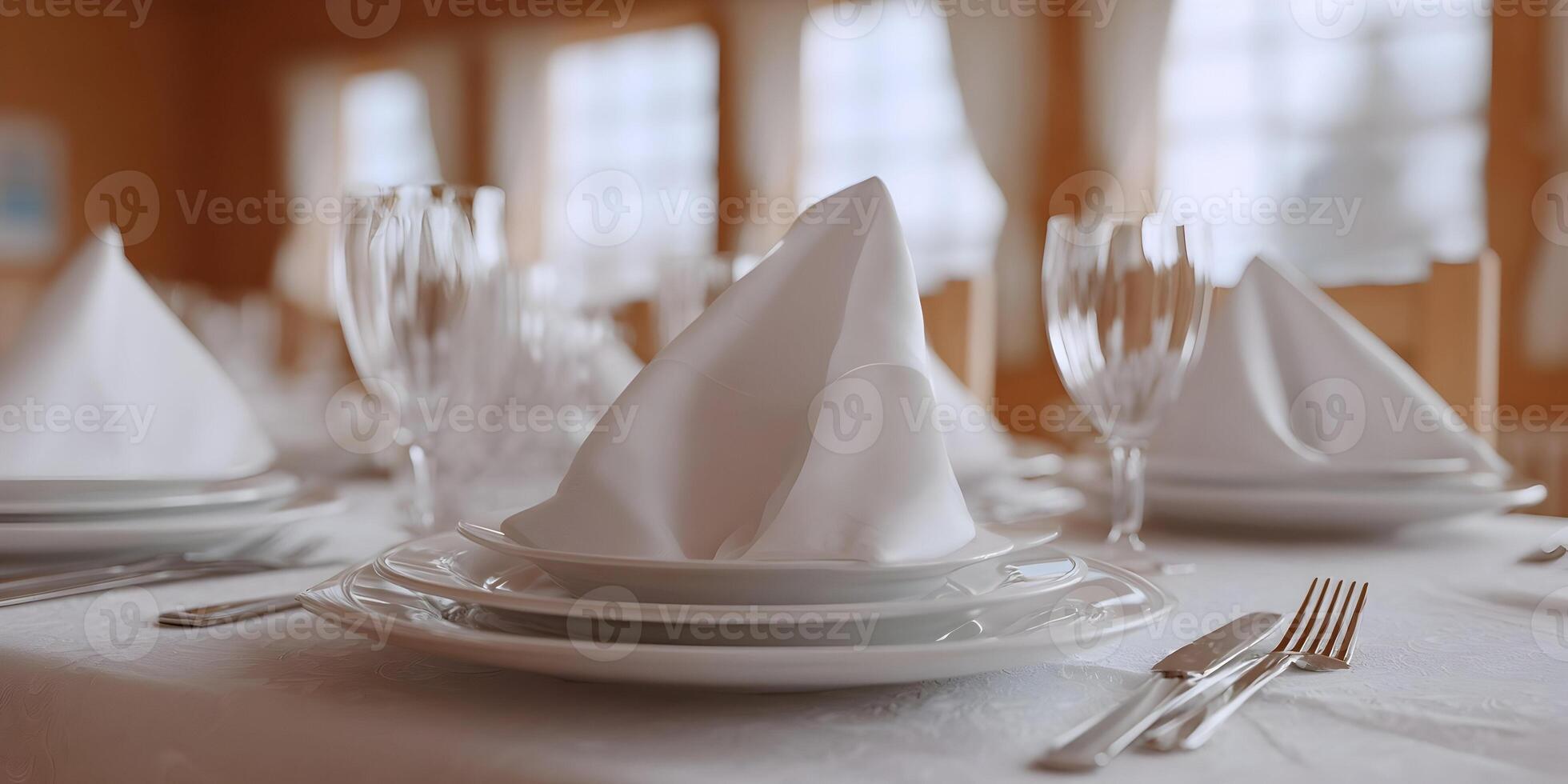 Elegant Table Setting White Plates Napkins Cutlery Fine Dining Restaurant photo