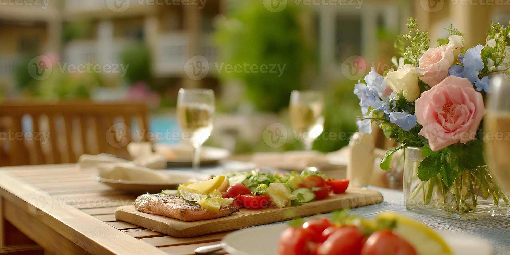 a table with food and flowers on it photo