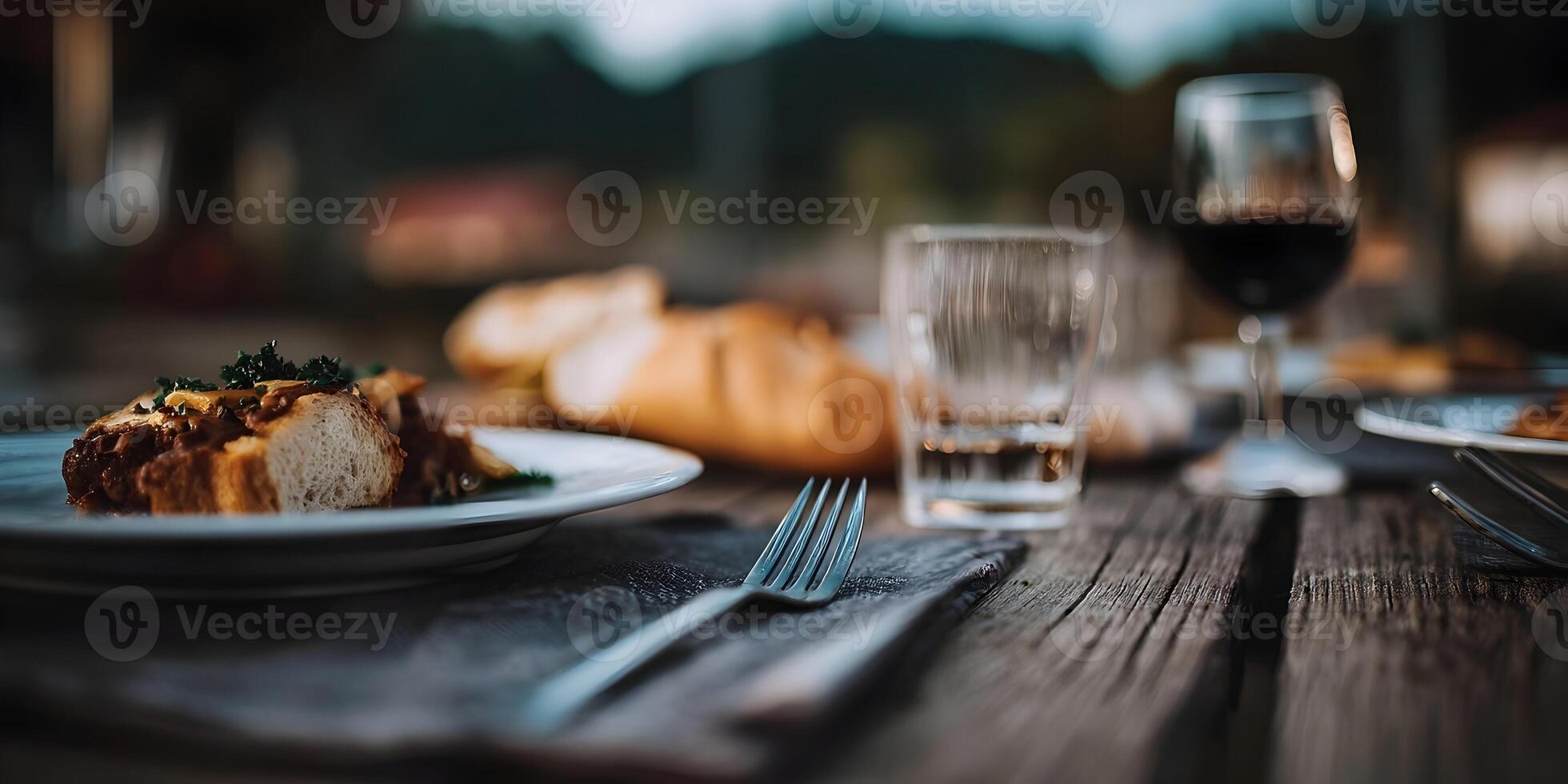 Outdoor Dinner Table Setting with Beef Stew Bread and Wine photo