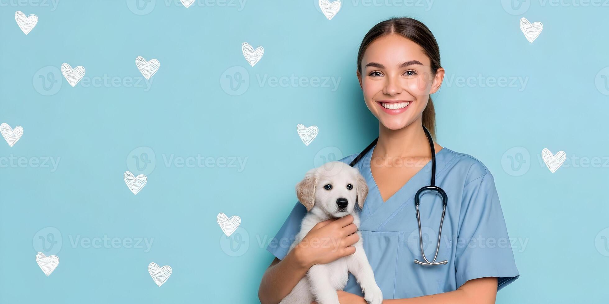 a woman in scrubs holding a dog with hearts on the background photo