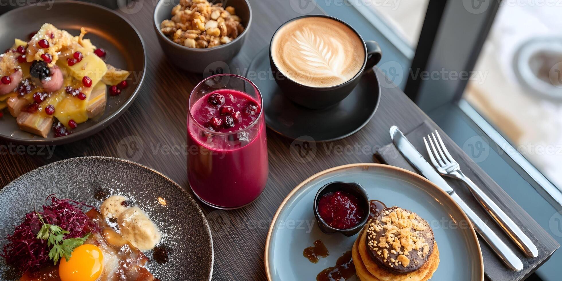 Delicious Breakfast Table Setting with Pancakes Smoothie Coffee Granola and Fruit photo