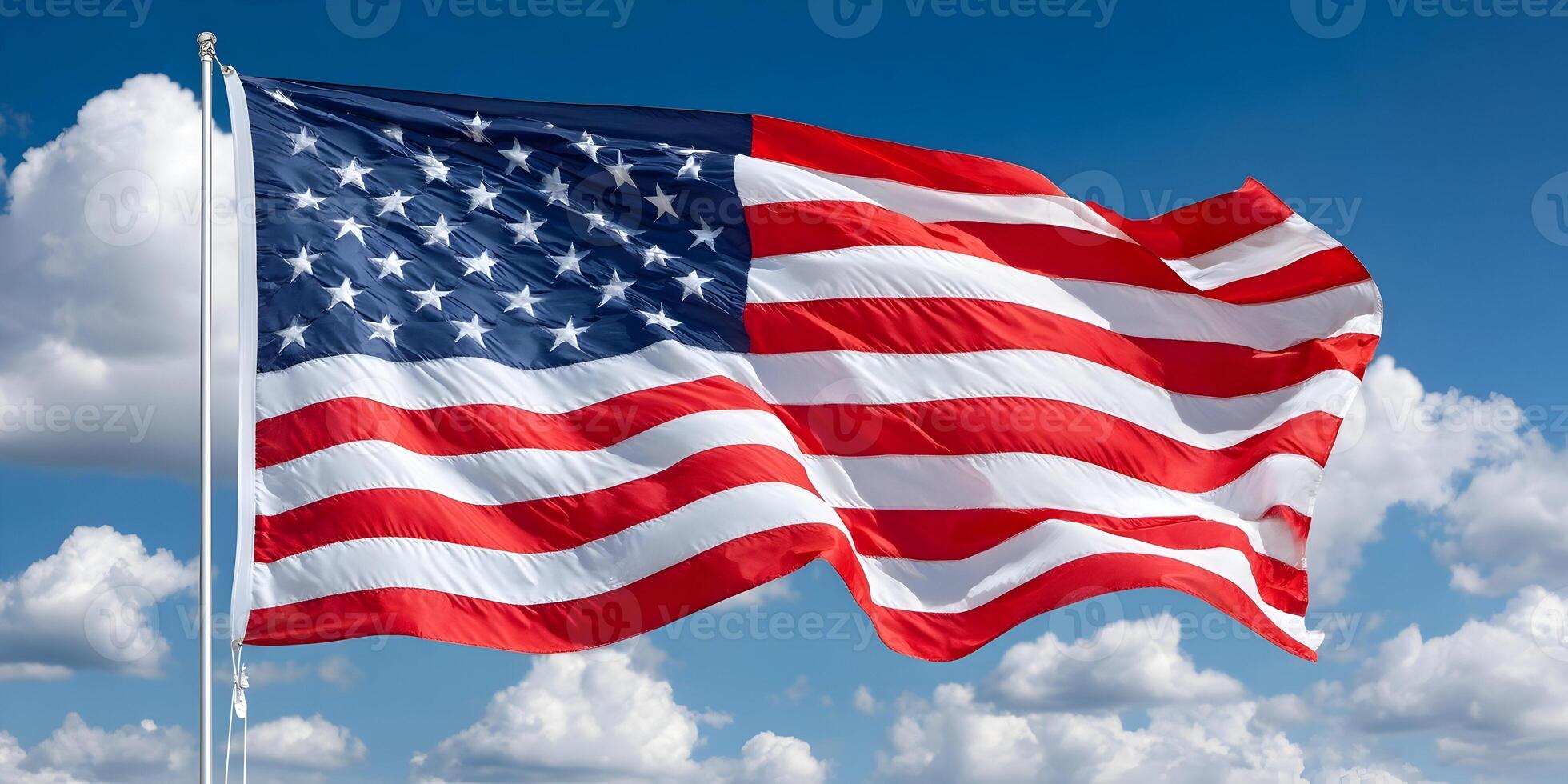 American Flag Waving Blue Sky Clouds Patriotic Image photo