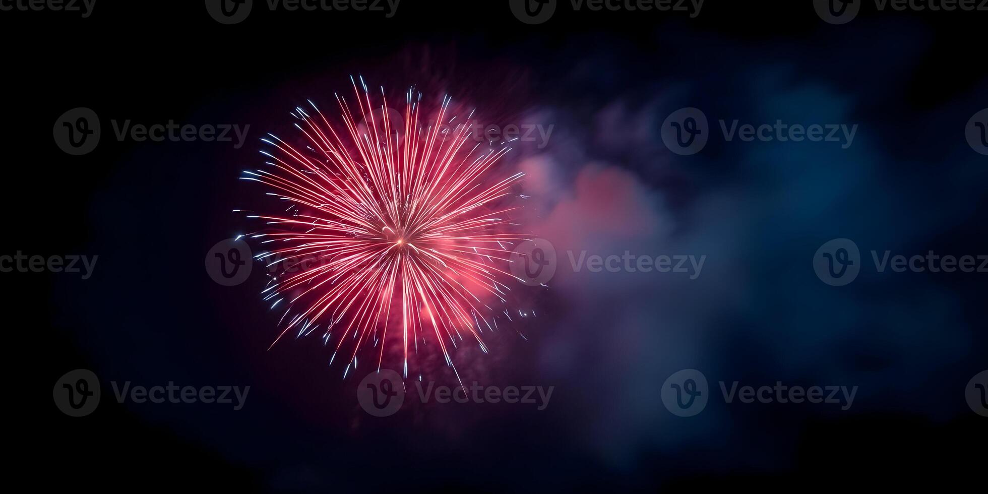 Red and Blue Fireworks Explosion at Night Dark Sky photo