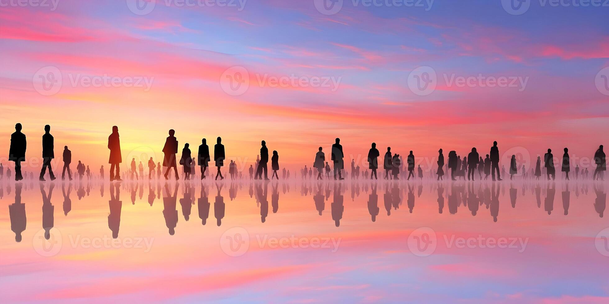 Silhouette People Walking at Sunset Peaceful Sky Reflection photo
