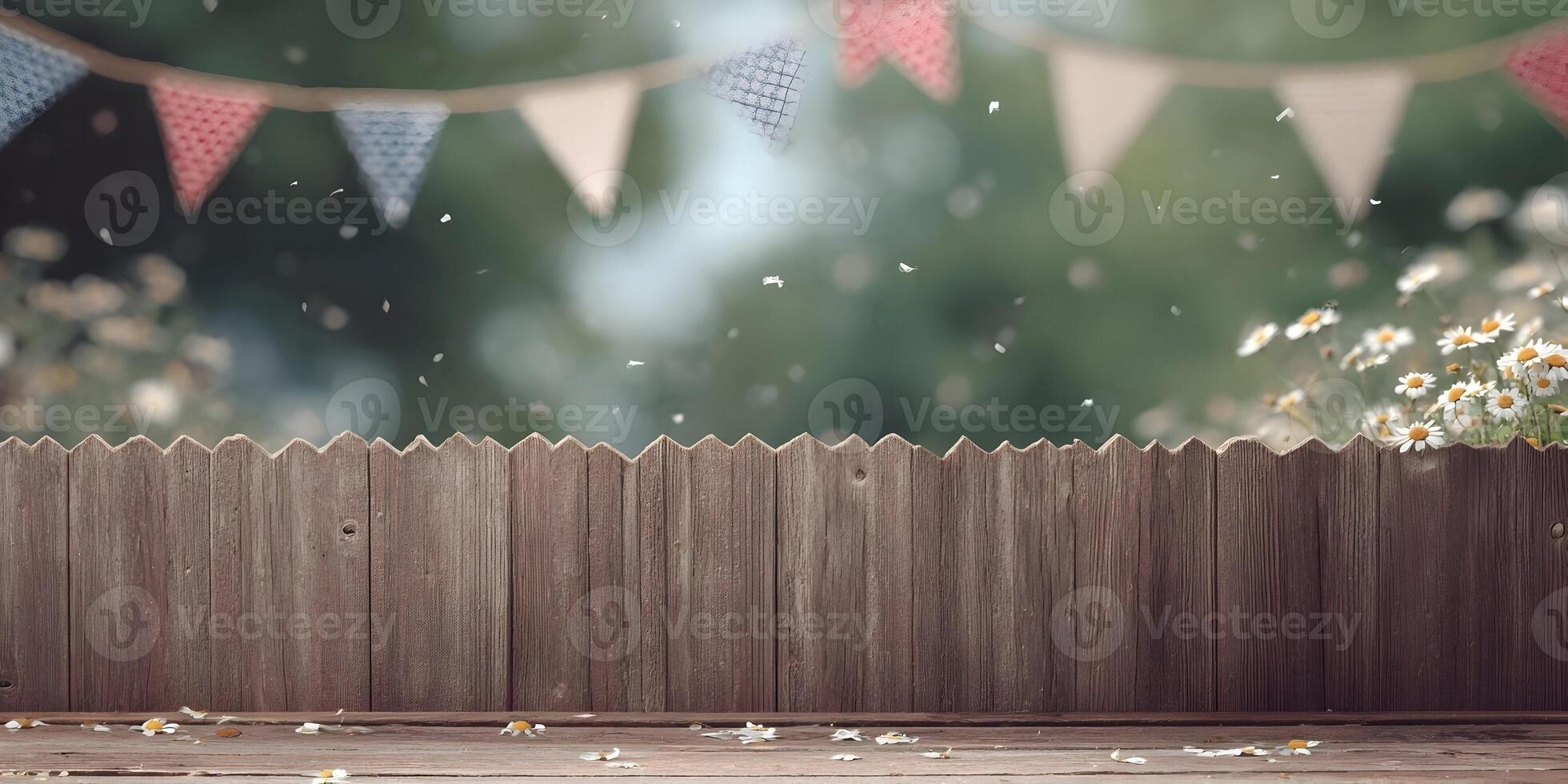 Wooden Fence with Daisies and Bunting Summer Garden Scene photo