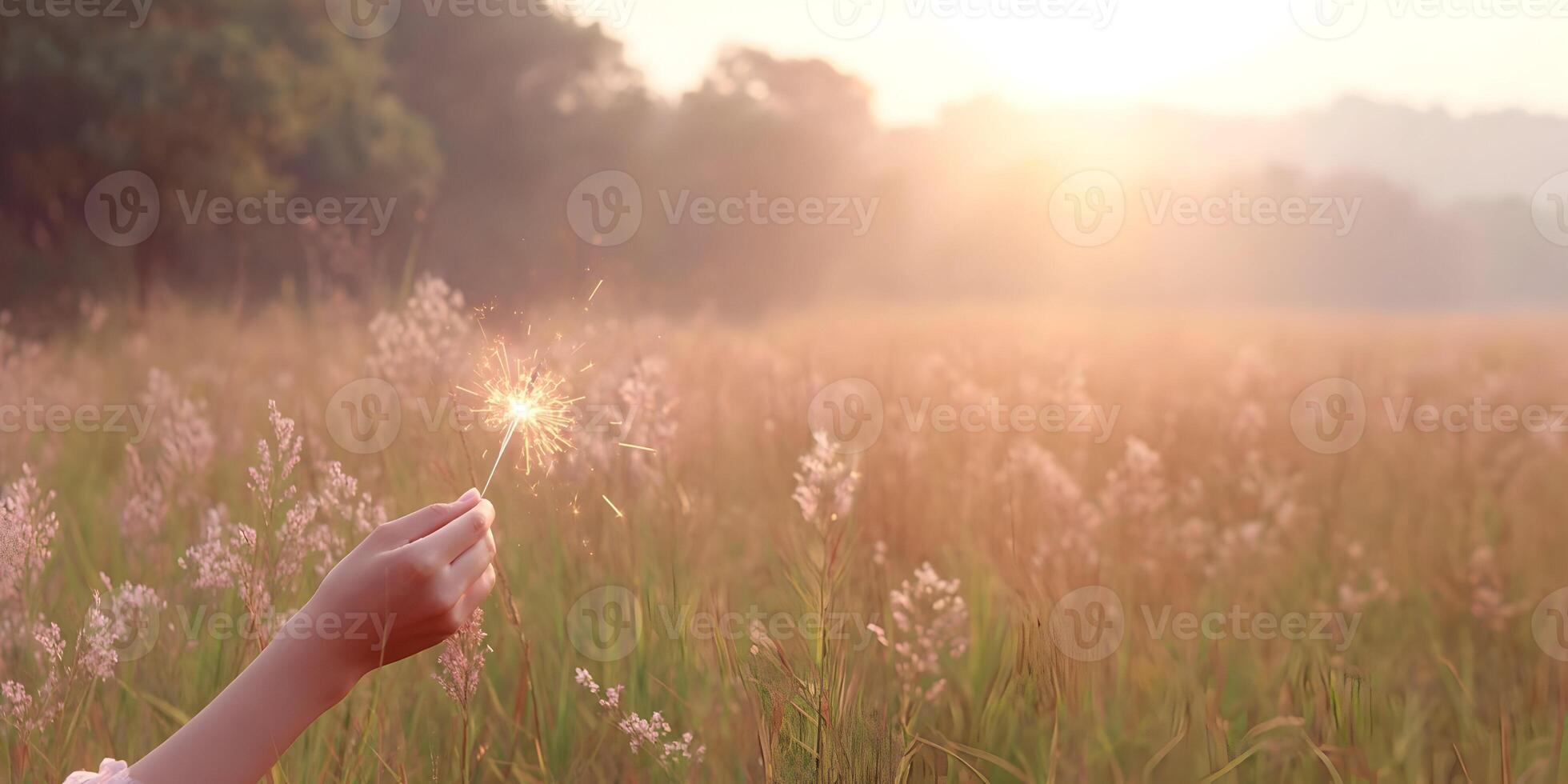 Hand Holding Burning Sparklers in a Field at Sunset Warm Colors photo