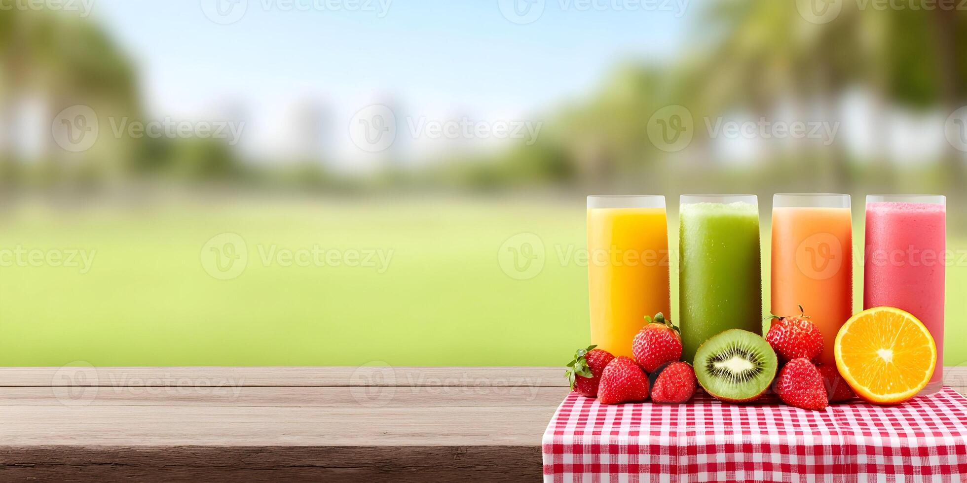fresh fruit juice on table with blurred background photo