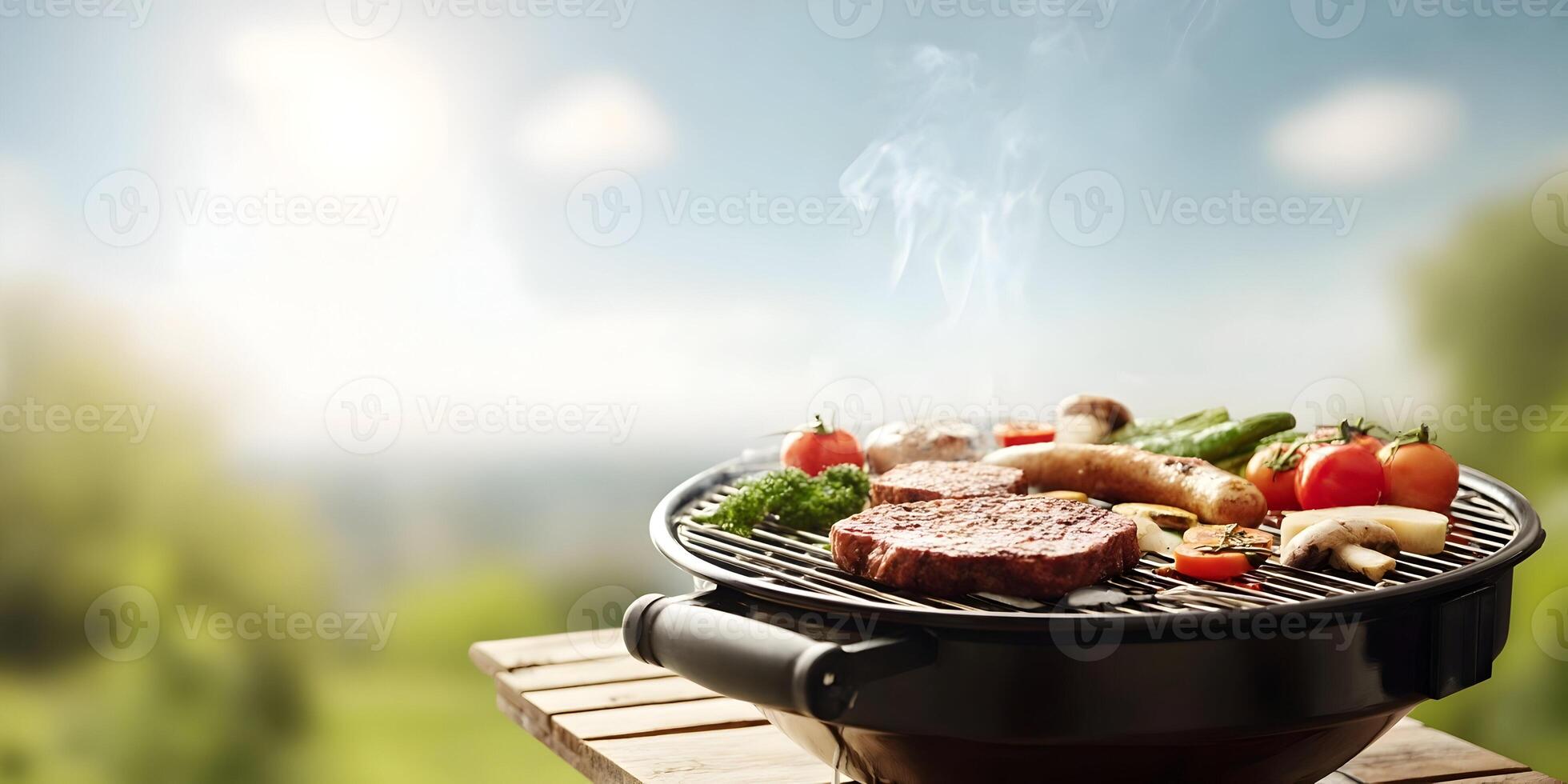 Summer BBQ Grill with Steaks Sausages Vegetables Outdoors photo