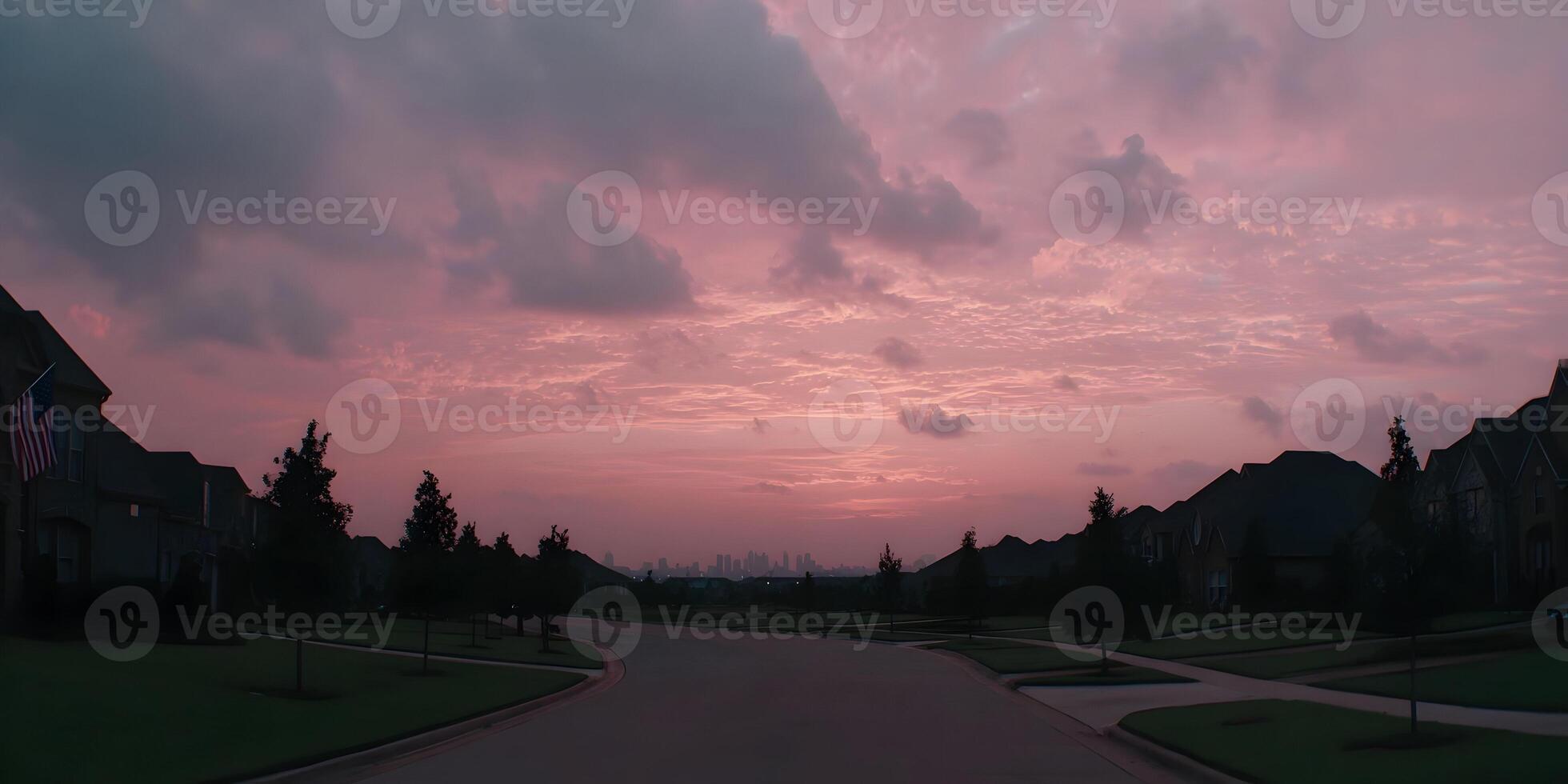 Suburban Homes Pink Sunset Skyline View Residential Area Evening Dusk photo
