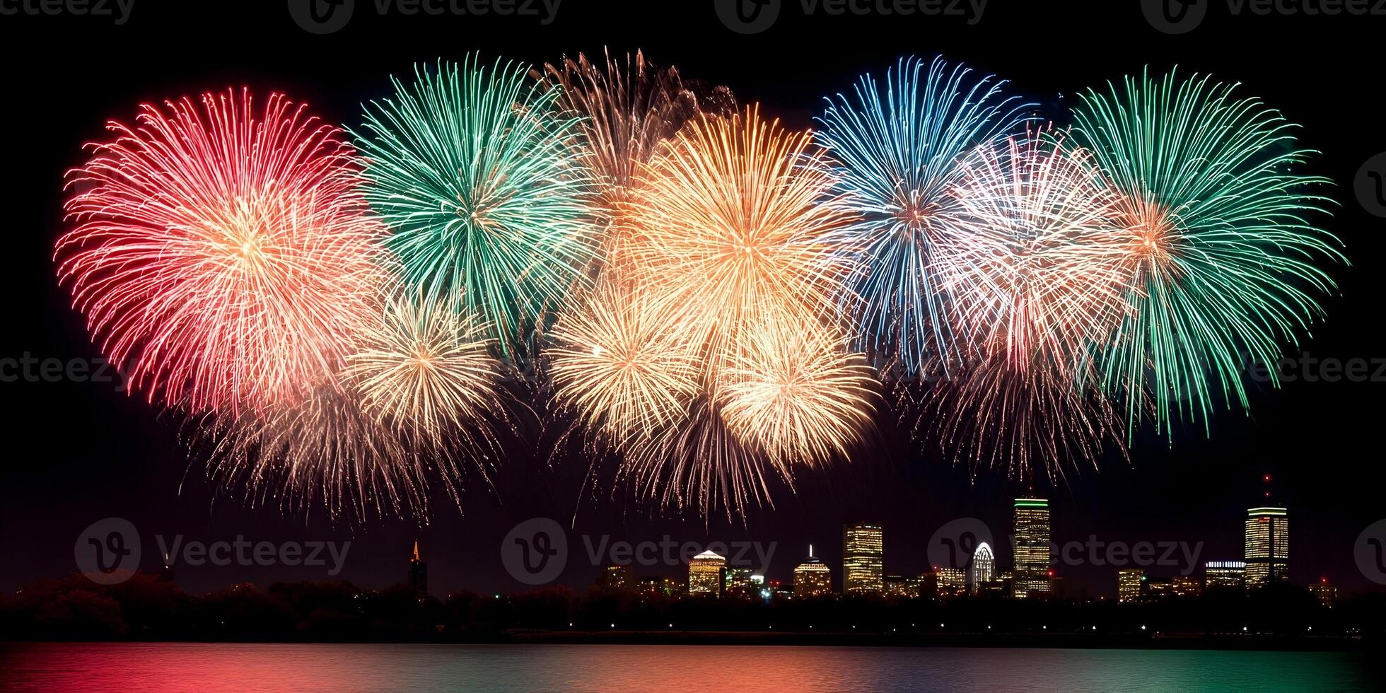 fireworks over the city skyline at night photo