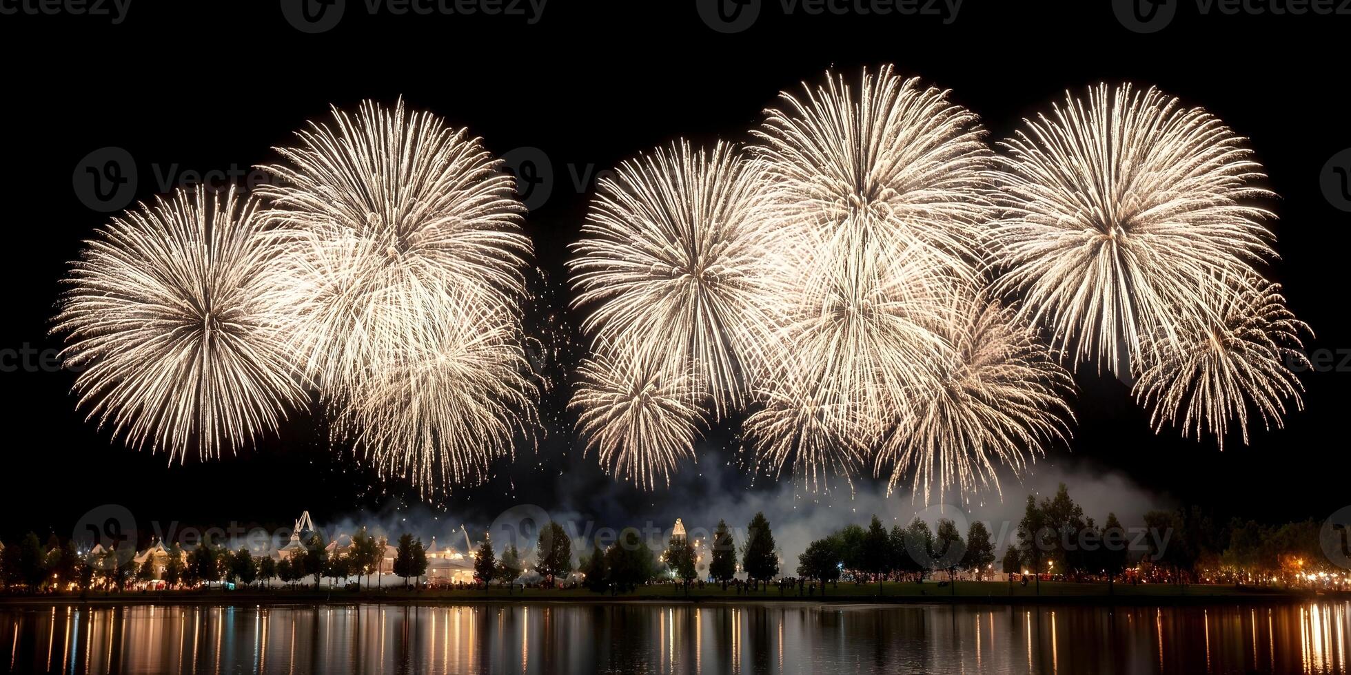 Nighttime Fireworks Display over Lake and Cityscape photo
