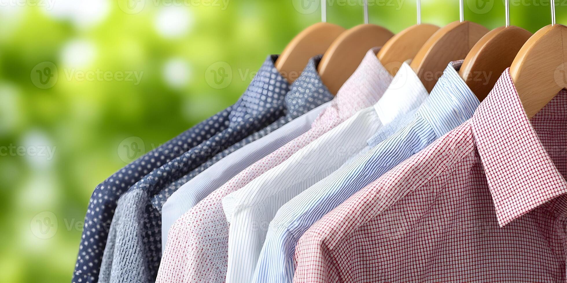 Mens Dress Shirts Hanging on Wooden Hangers Closeup Photo