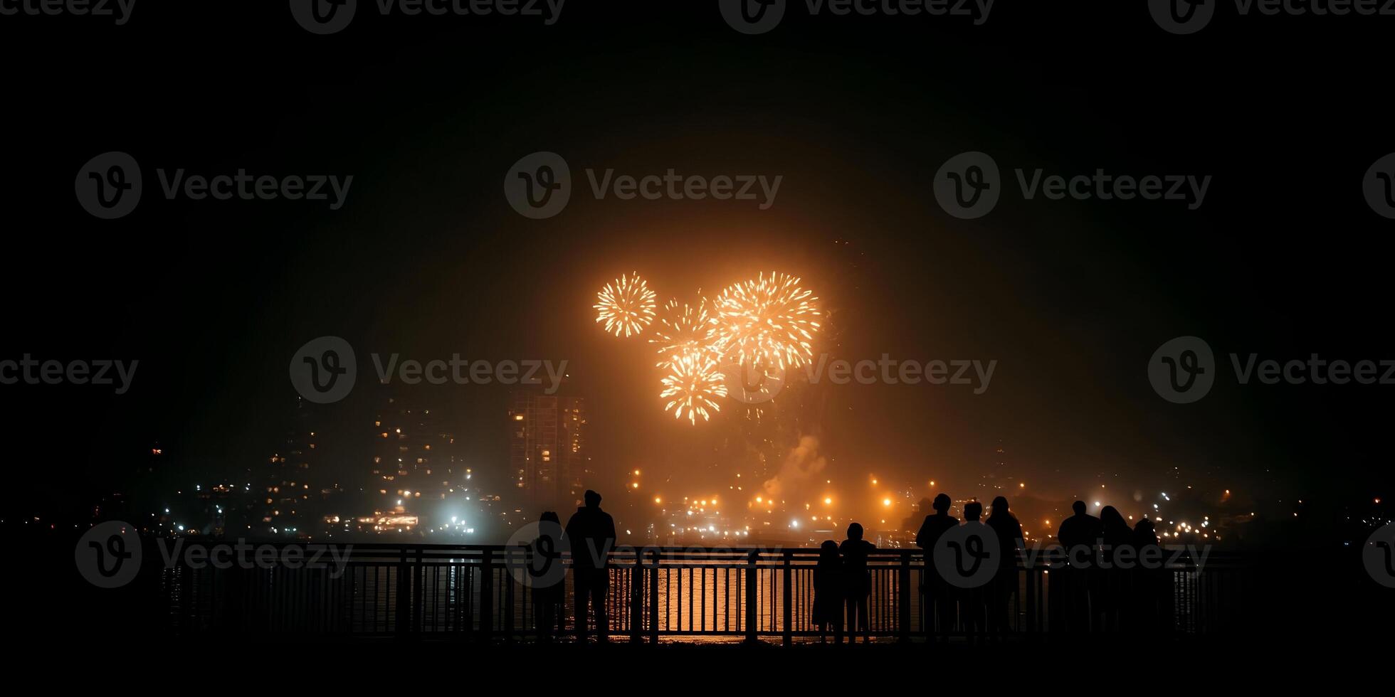 Night Cityscape Fireworks Show Silhouetted People Watching Display photo