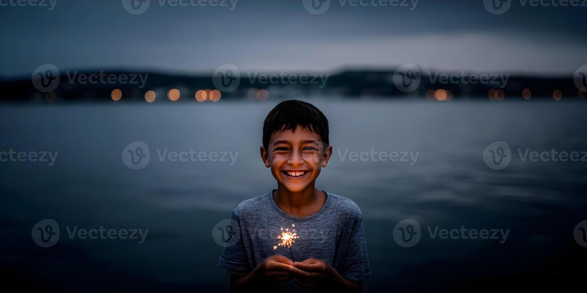 Happy Boy Holding Sparkler at Dusk Near Water Smiling Child Fireworks Night Photography photo